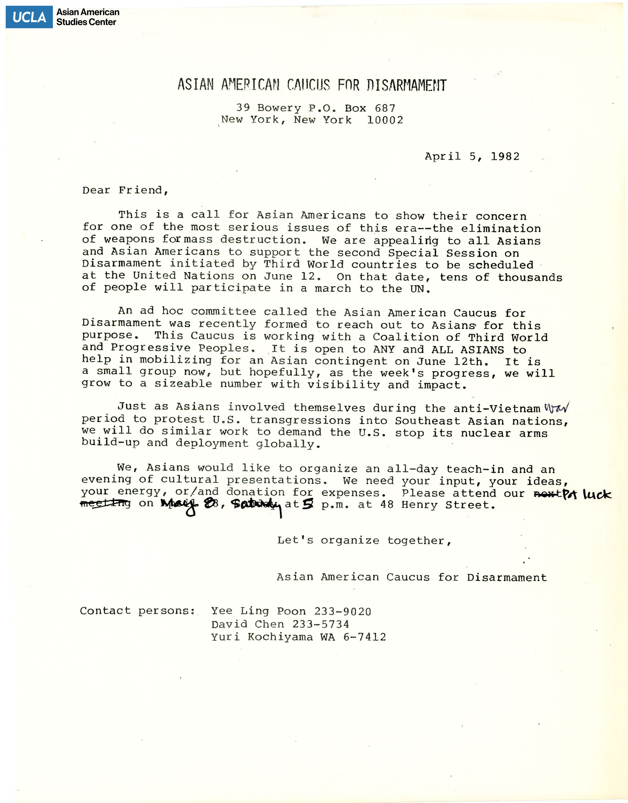 Letter calling for the recruitment of Asian Americans to join the Asian American Caucus for Disarmament.