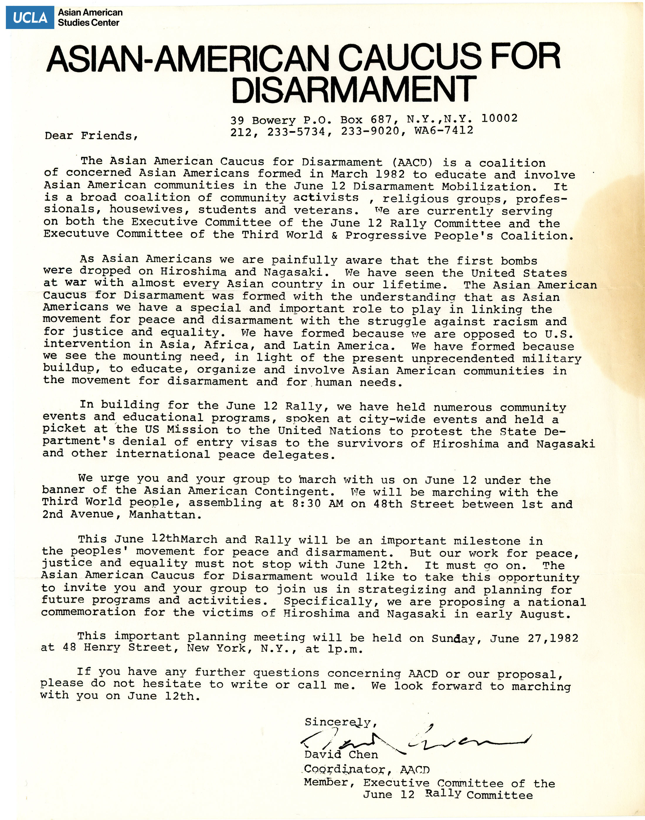 Letter regarding attending the June 12th rally for peace and disarmament of nuclear arms.