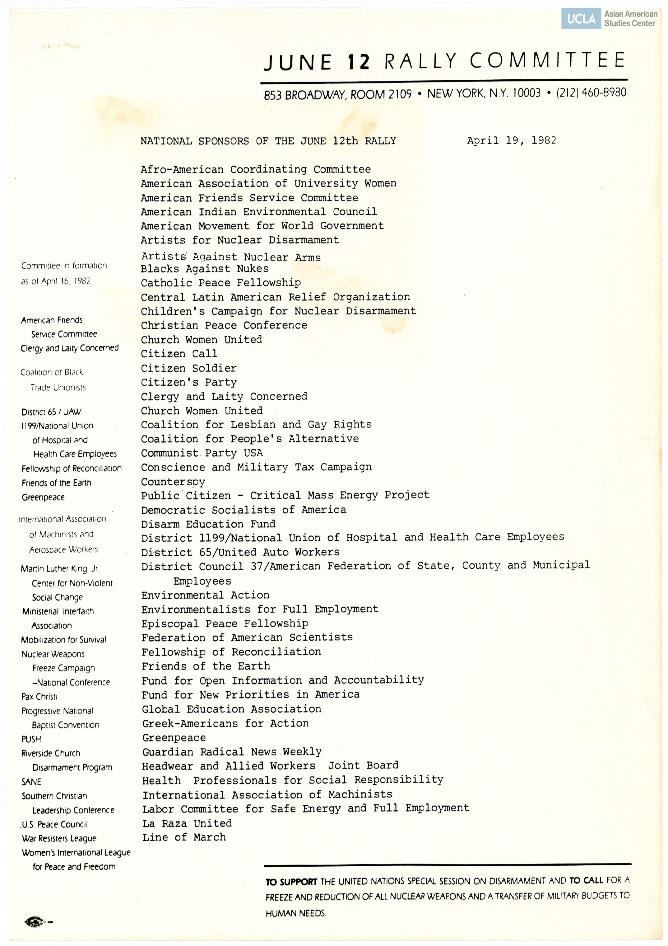 List regarding national sponsors of the June 12th rally.