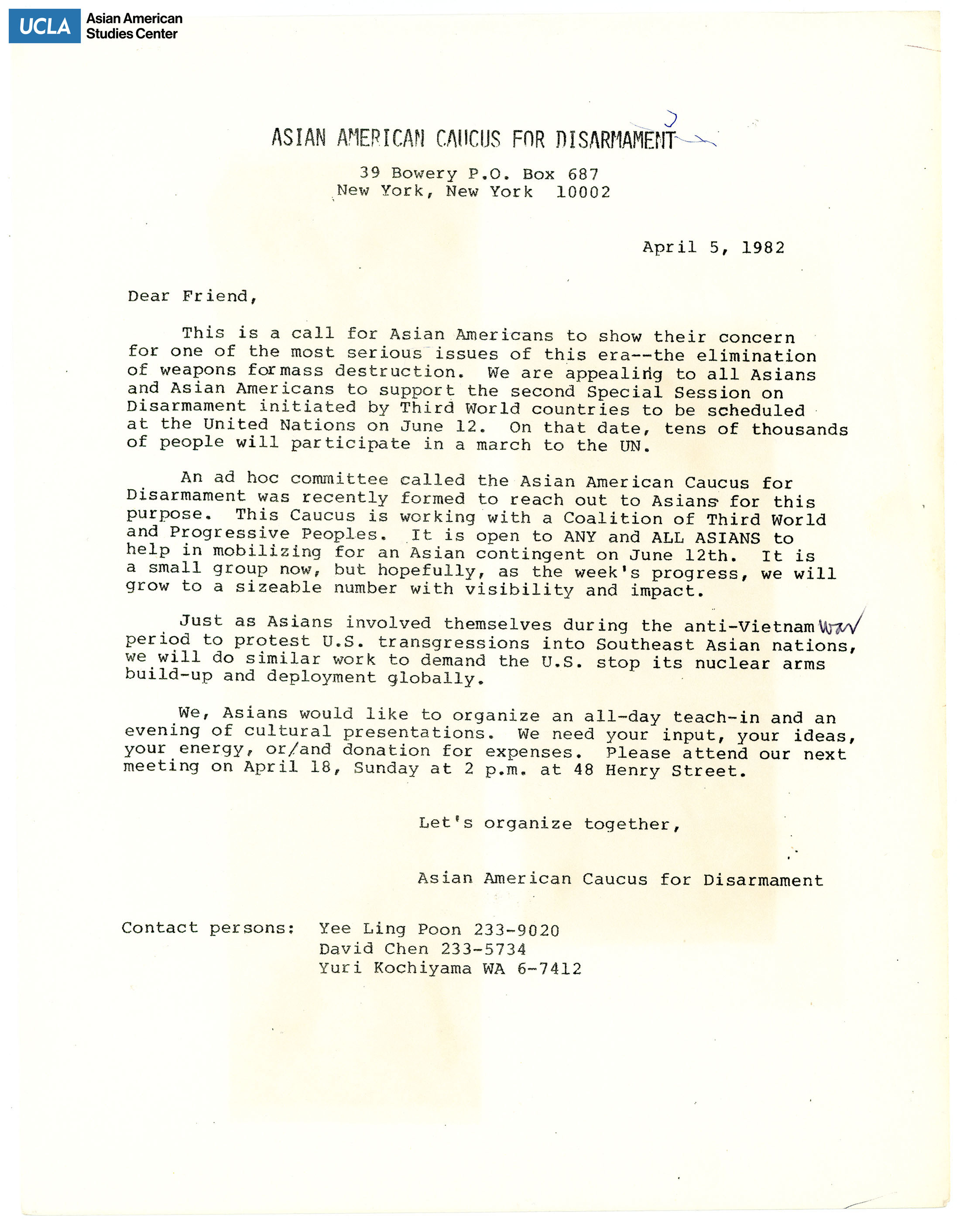 Letter addressing a call for Asian Americans to show support in the cause for nuclear disarmament.