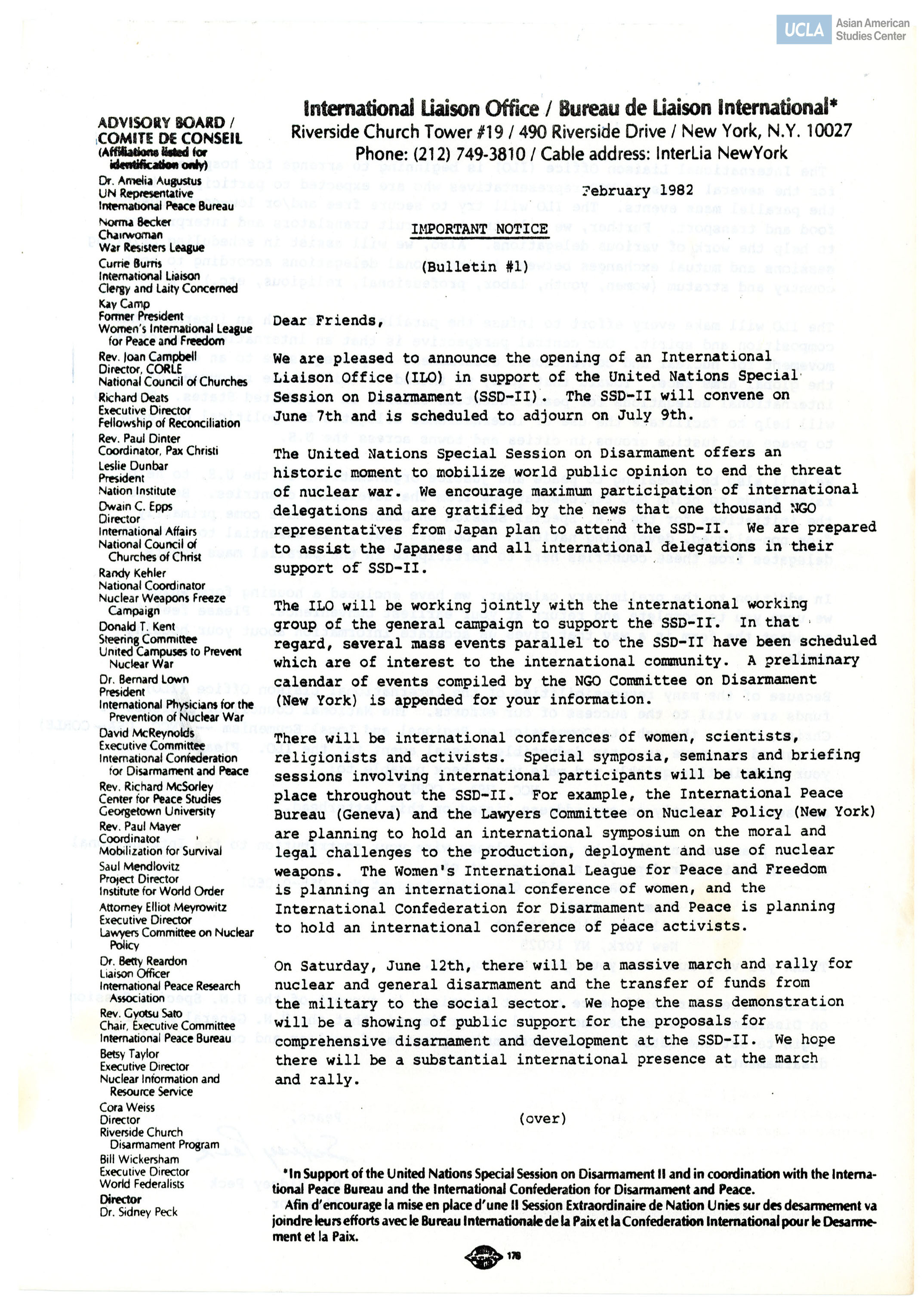 Letter addressed by Dr. Sidney Peck, Director, on the opening of the International Liaison Office in support of the United Nations Special Session on Disarmament.