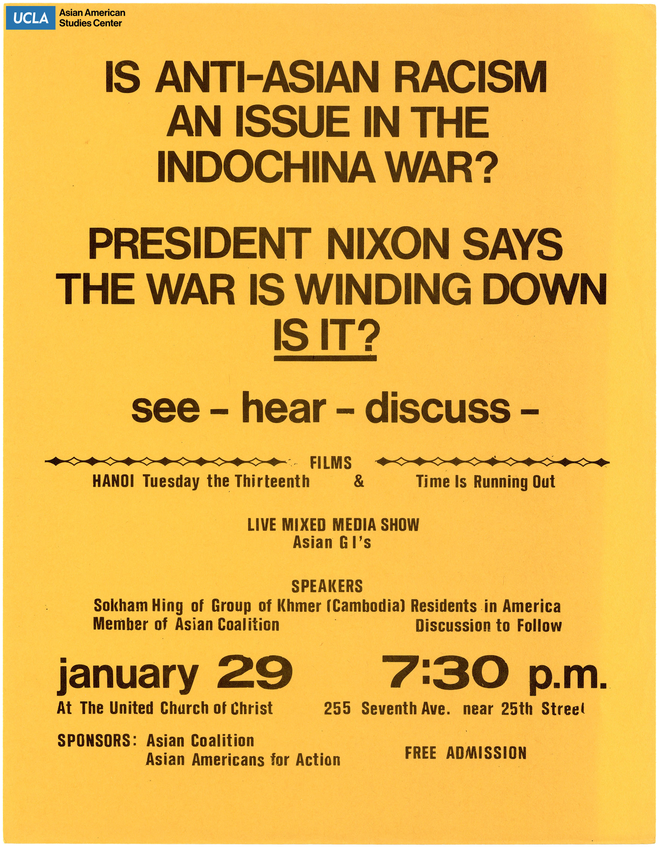 Flyer regarding film screening and speaking event on the Indochina War.