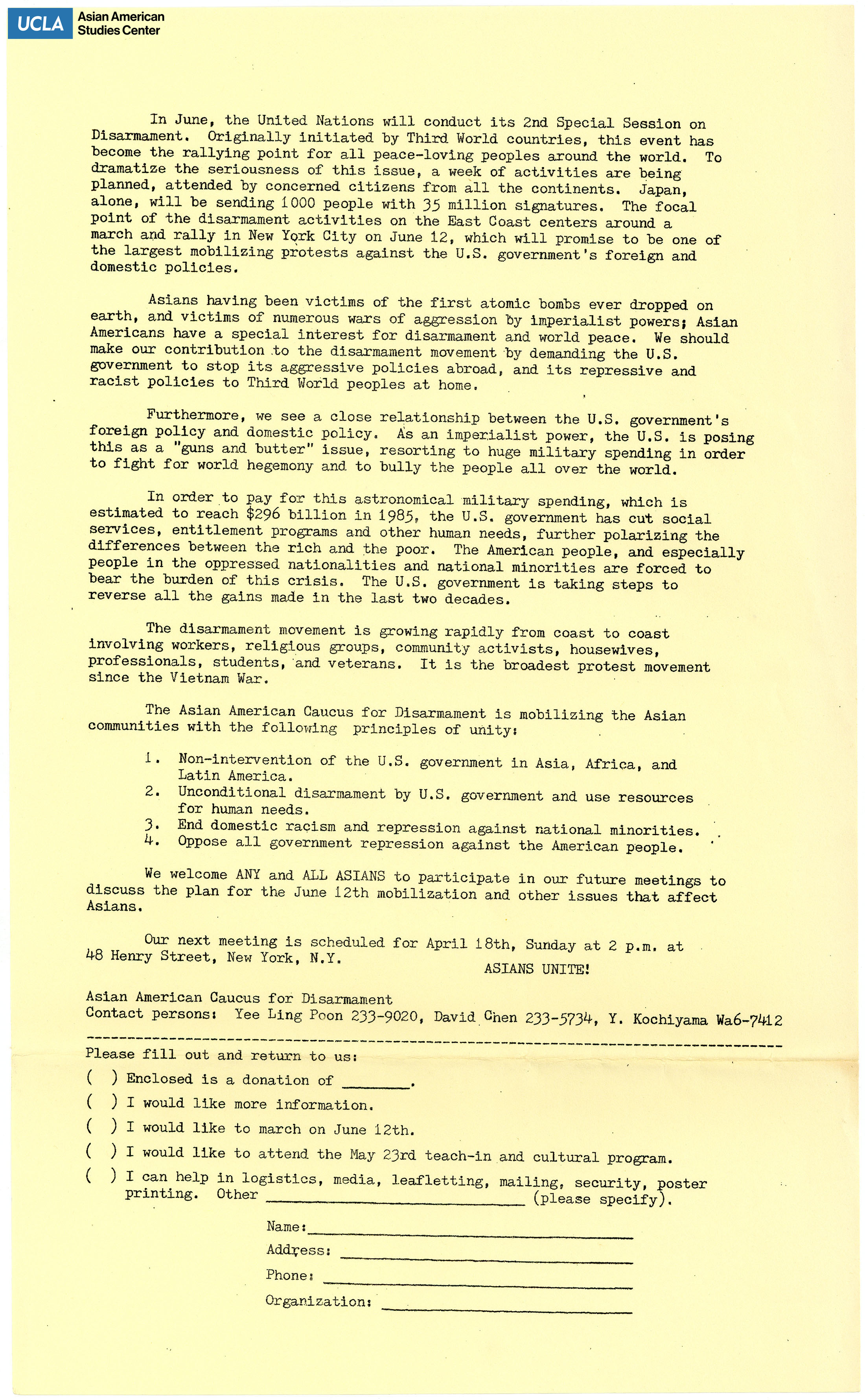 Form regarding Asian support for nuclear disarmament. Includes blank form for monetary contributions, volunteering opprotunities, and further information.