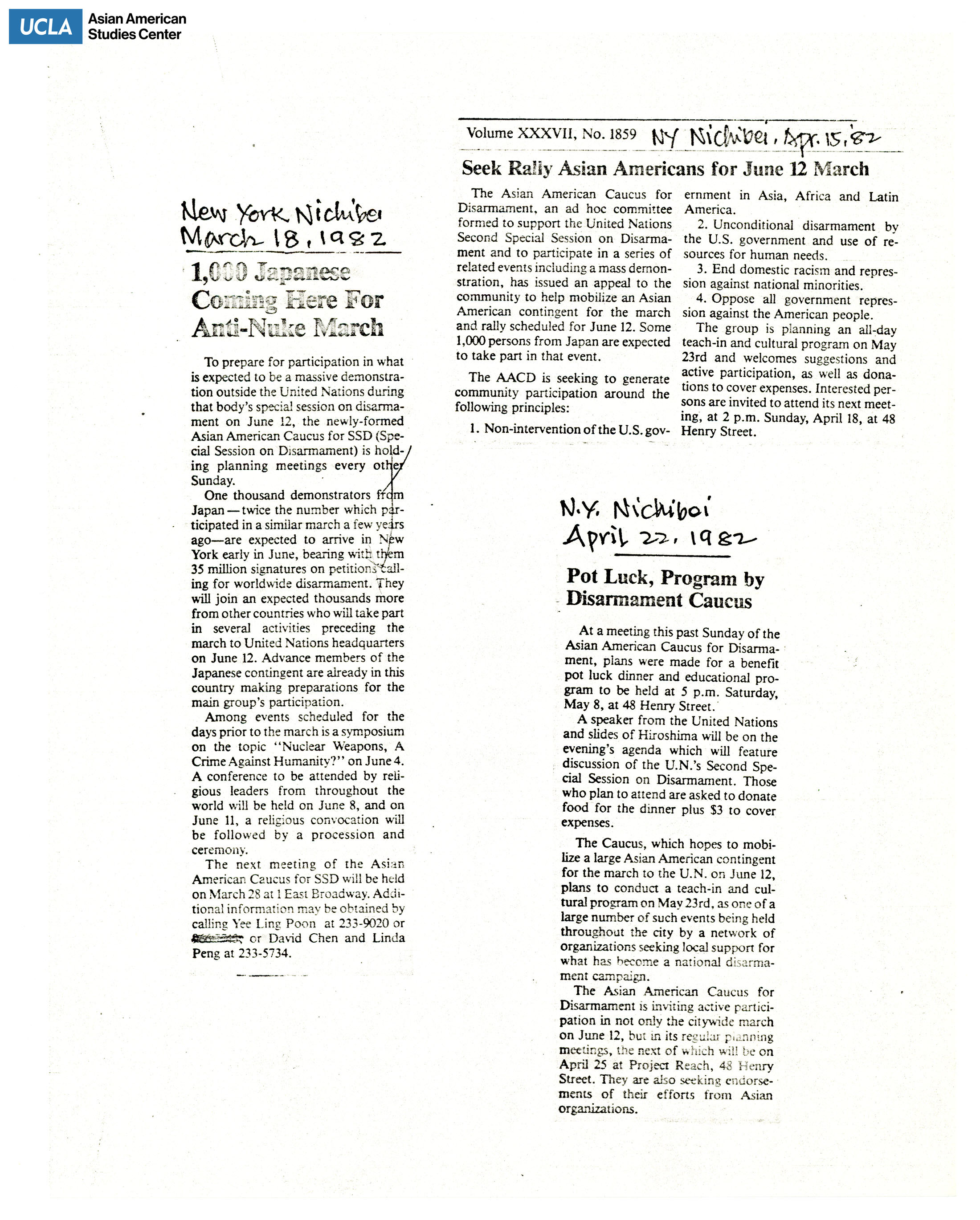 Various clippings from New York Nichibei on the demonstration for nuclear disarmament.