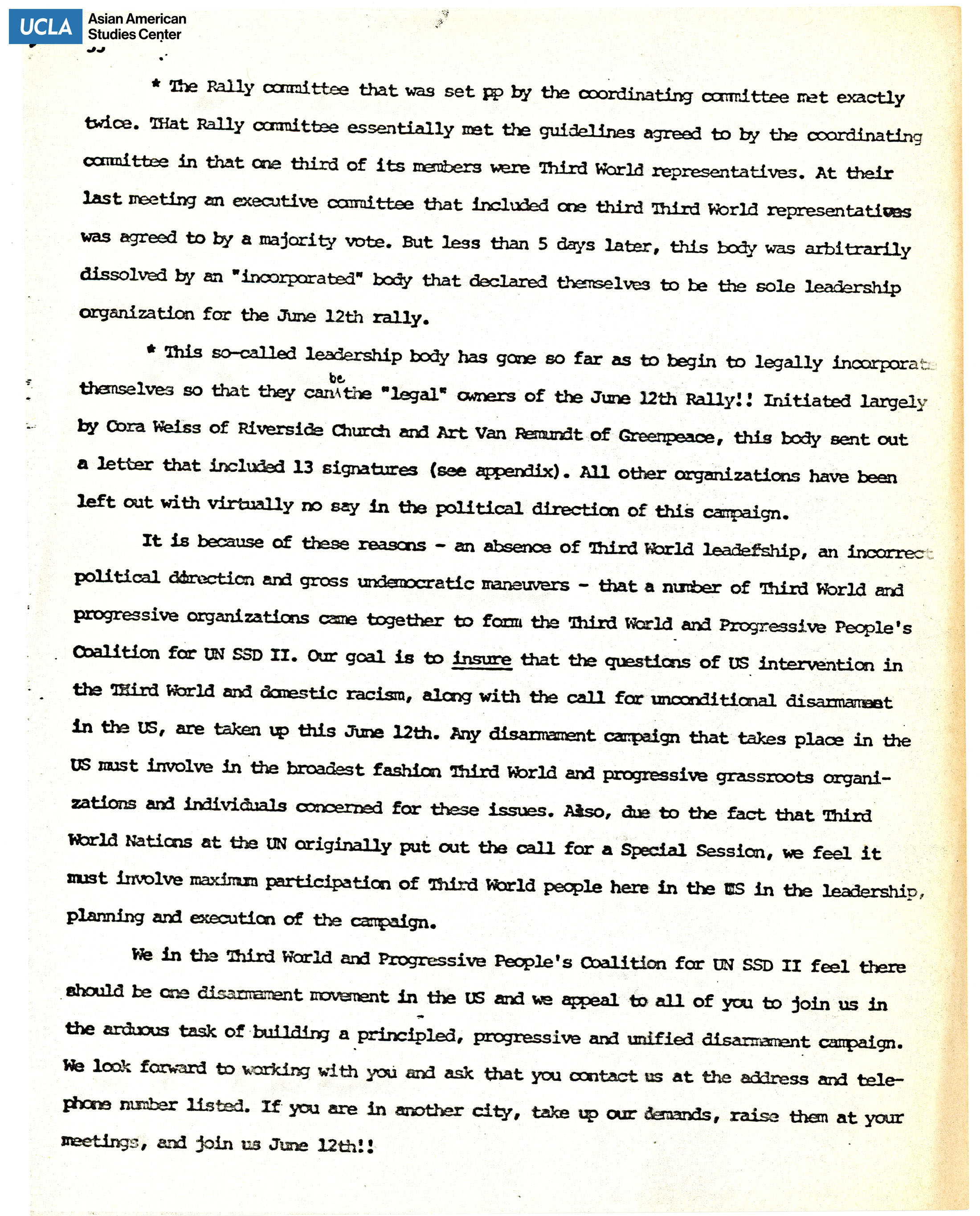 Statement regarding the Rally committee of the June 12th Rally for nuclear disarmament.