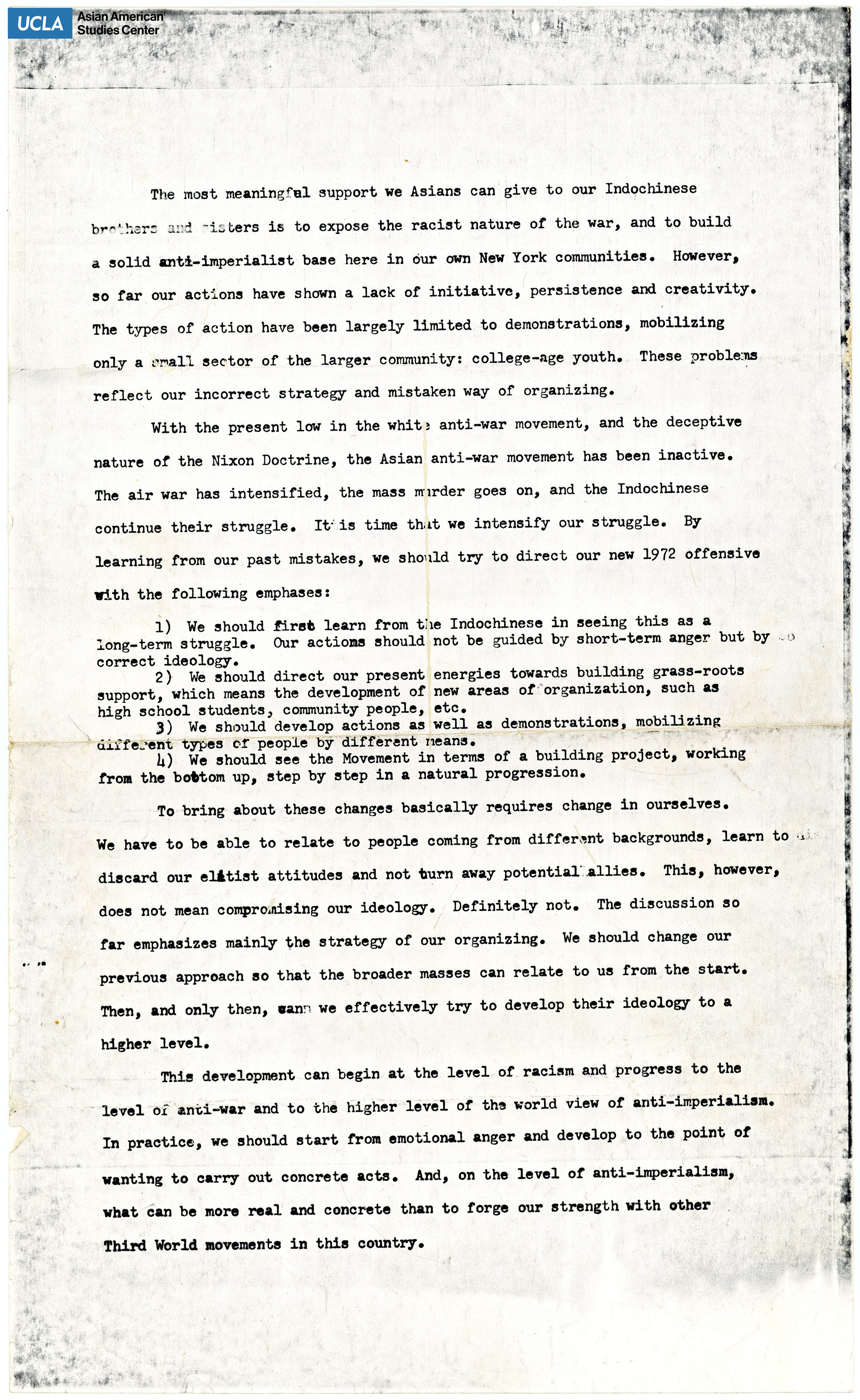 Statement regarding anti-war movement of Indochina War and support for those affected by the war.