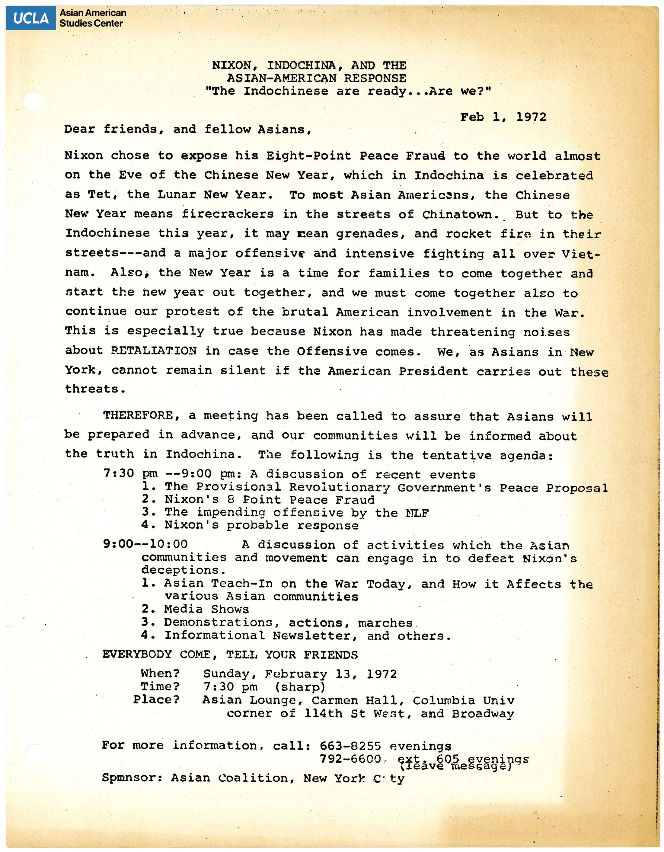 Letter regarding Richard Nixon's Eight-Point Peace Fraud on the war in Indochina.