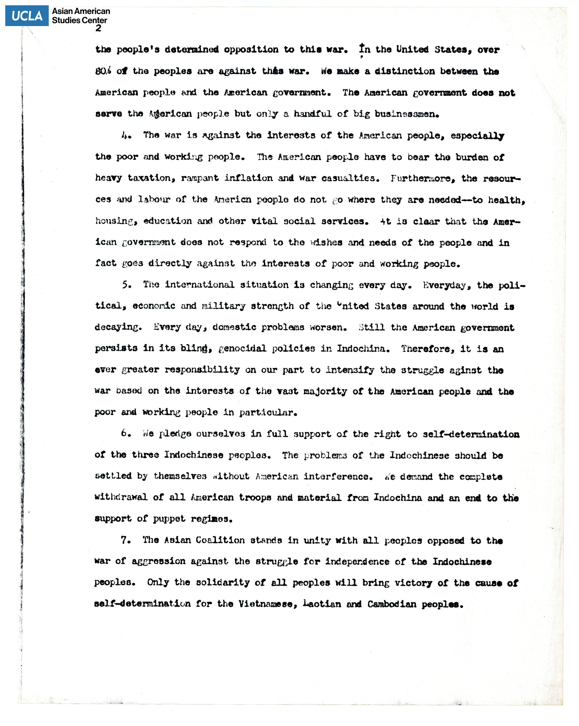 Statement of solidarity against the war in Indochina.