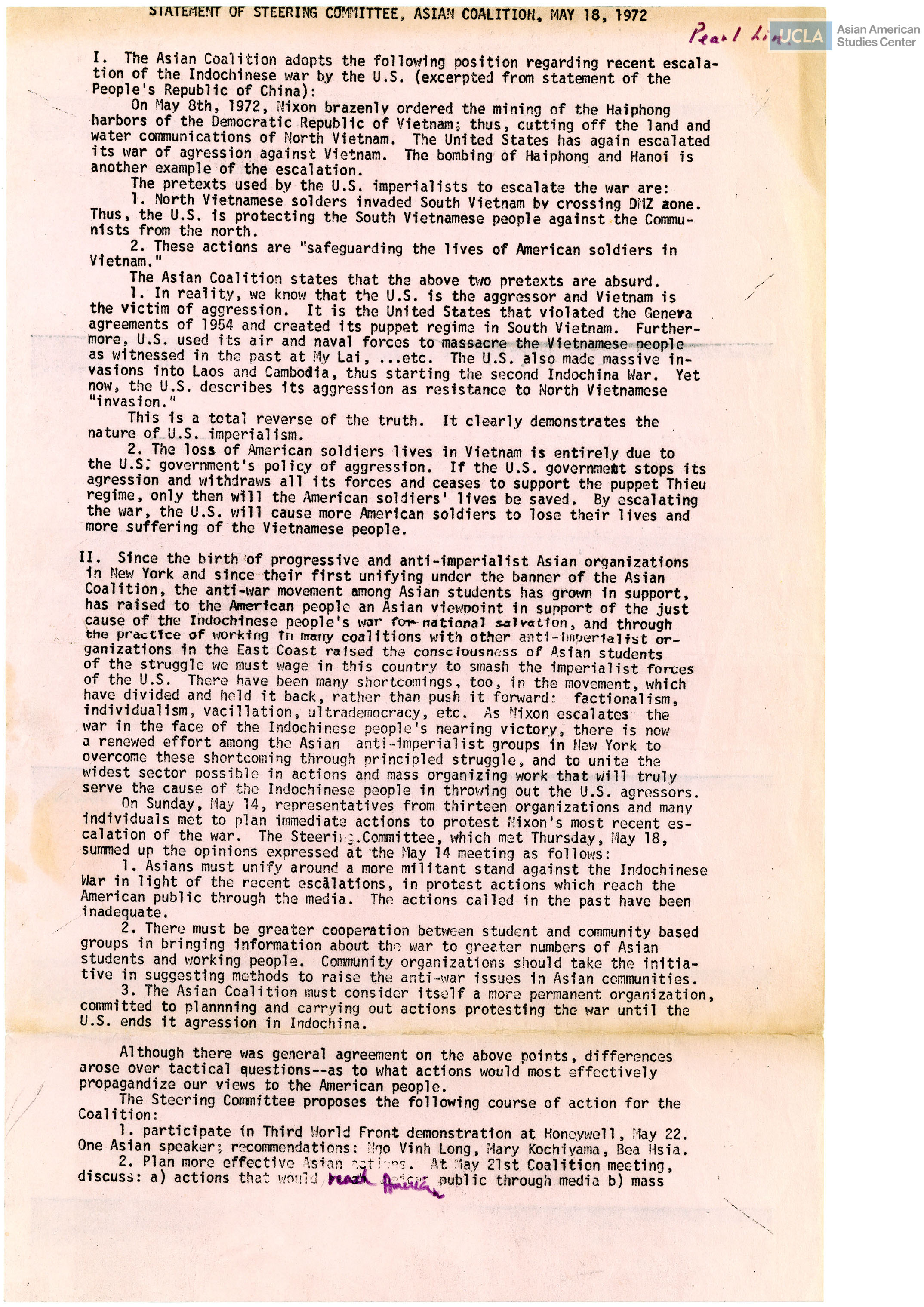 Statement regarding position on the Indochinese war by the Steering Committee of the Asian Coalition.