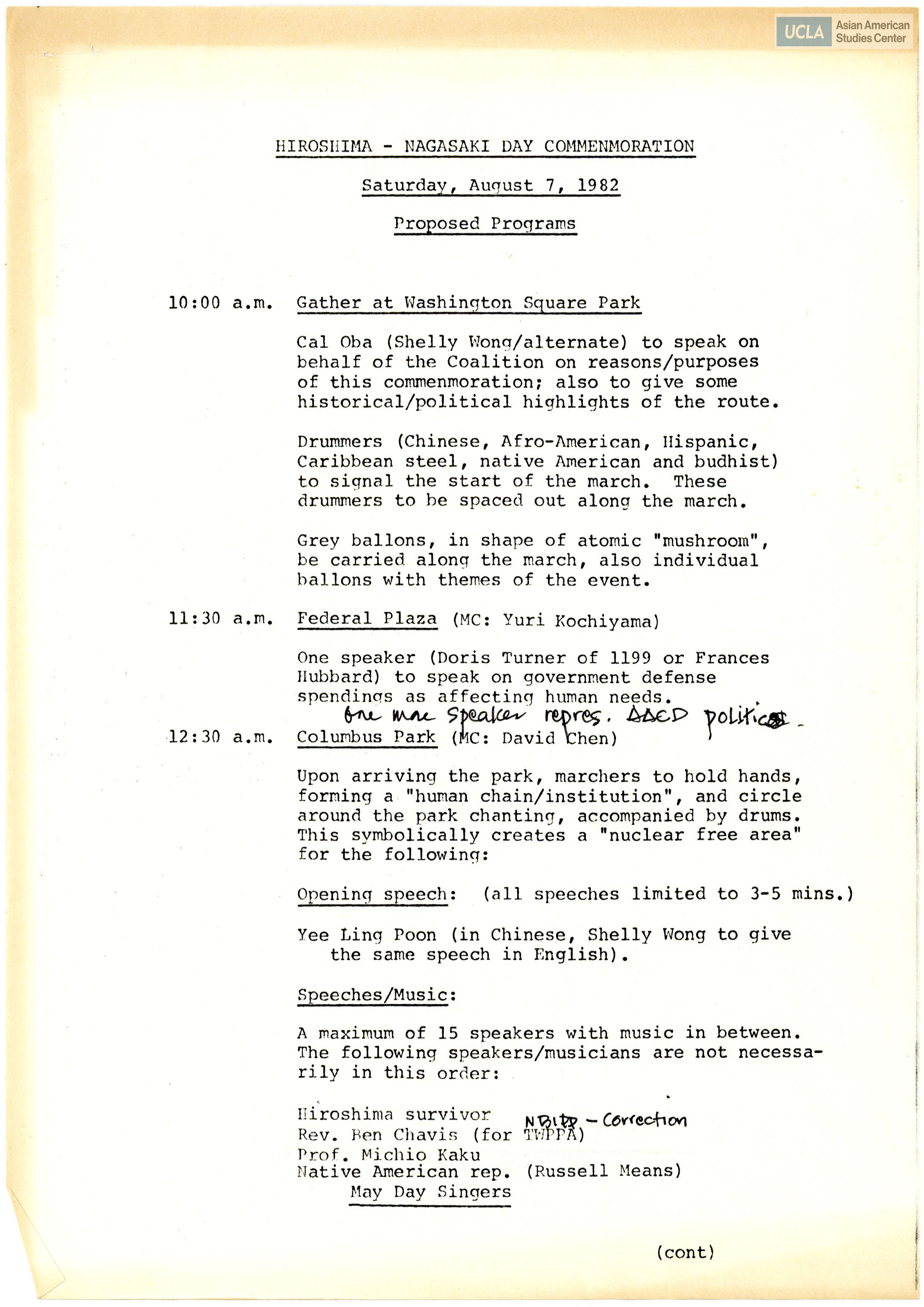 Proposed programs for Hiroshima and Nagasaki Commemoration day.