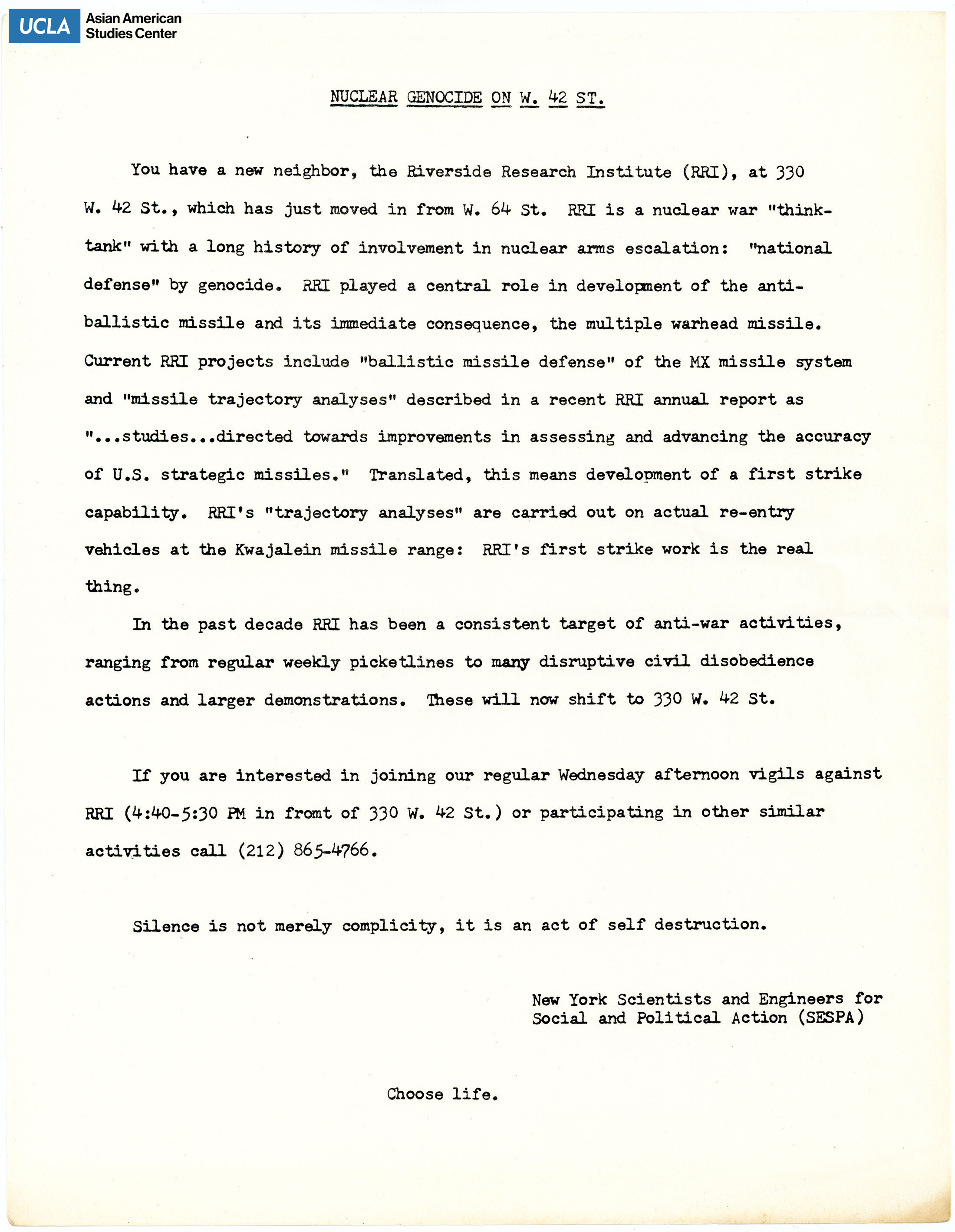 Flyer regarding regular vigils against the Riverside Research Institute.