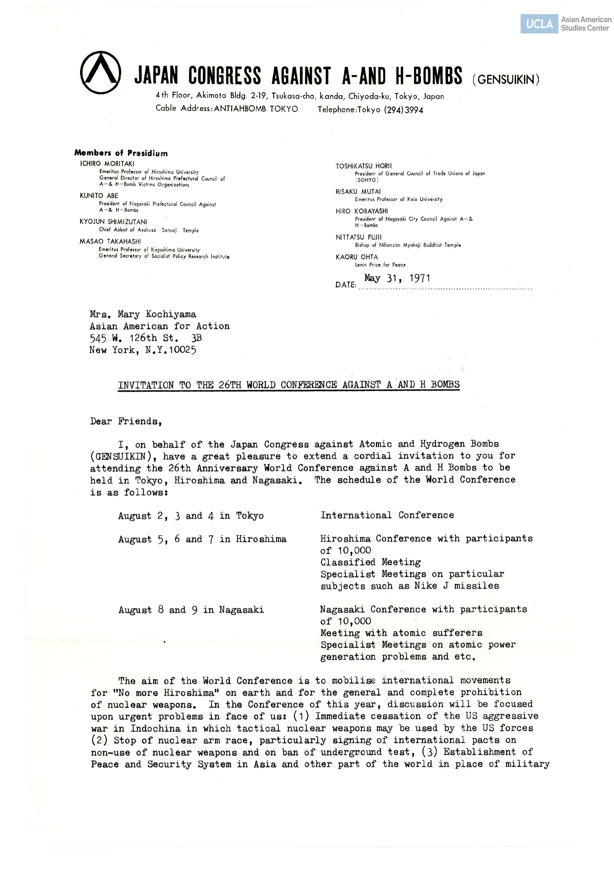 Invitation regarding the 26th Anniversay World Conference agains A and H Bombs to be held in Tokyo, Hiroshima, and Nagasaki.