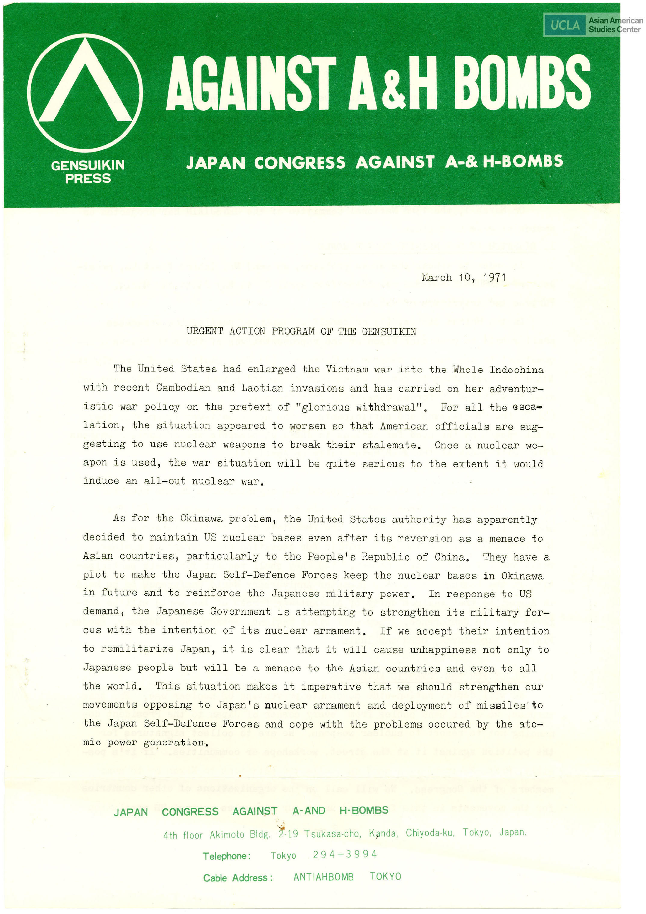 An action program on the possibility of nuclear weapons used in Vietnam and the solution for the Vietnam war.