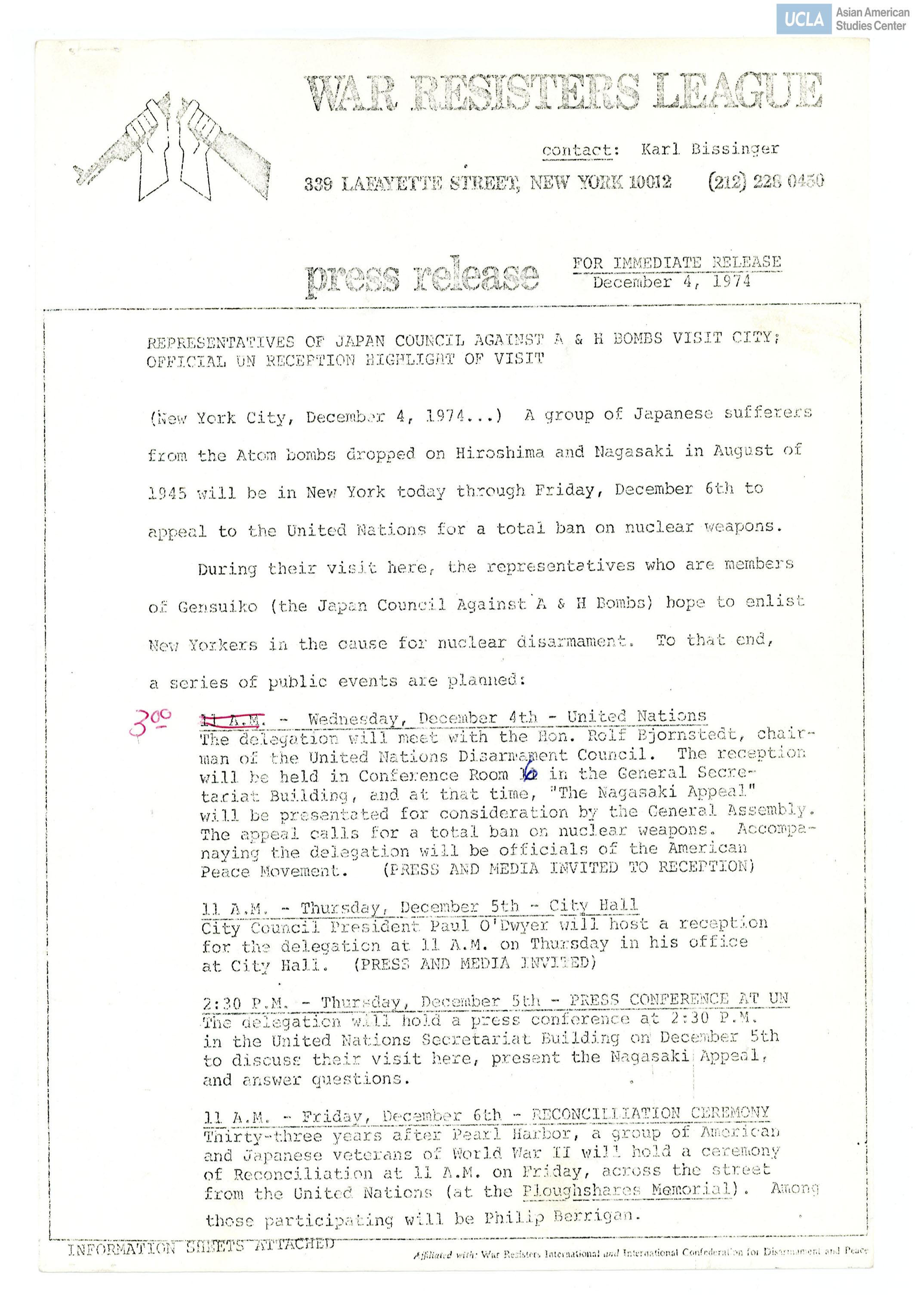 Press release regarding a visit of hibakusha to the United Nations on the appeal of a total on nuclear weapons.
