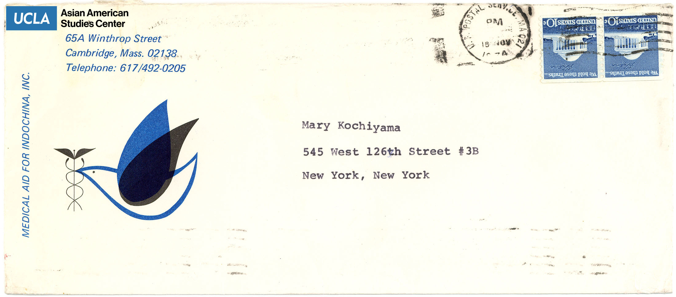 Envelope Addressed to Yuri Kochiyama from Medical Aid for Indochina, Inc. Postmarked on November, 18, 1974.