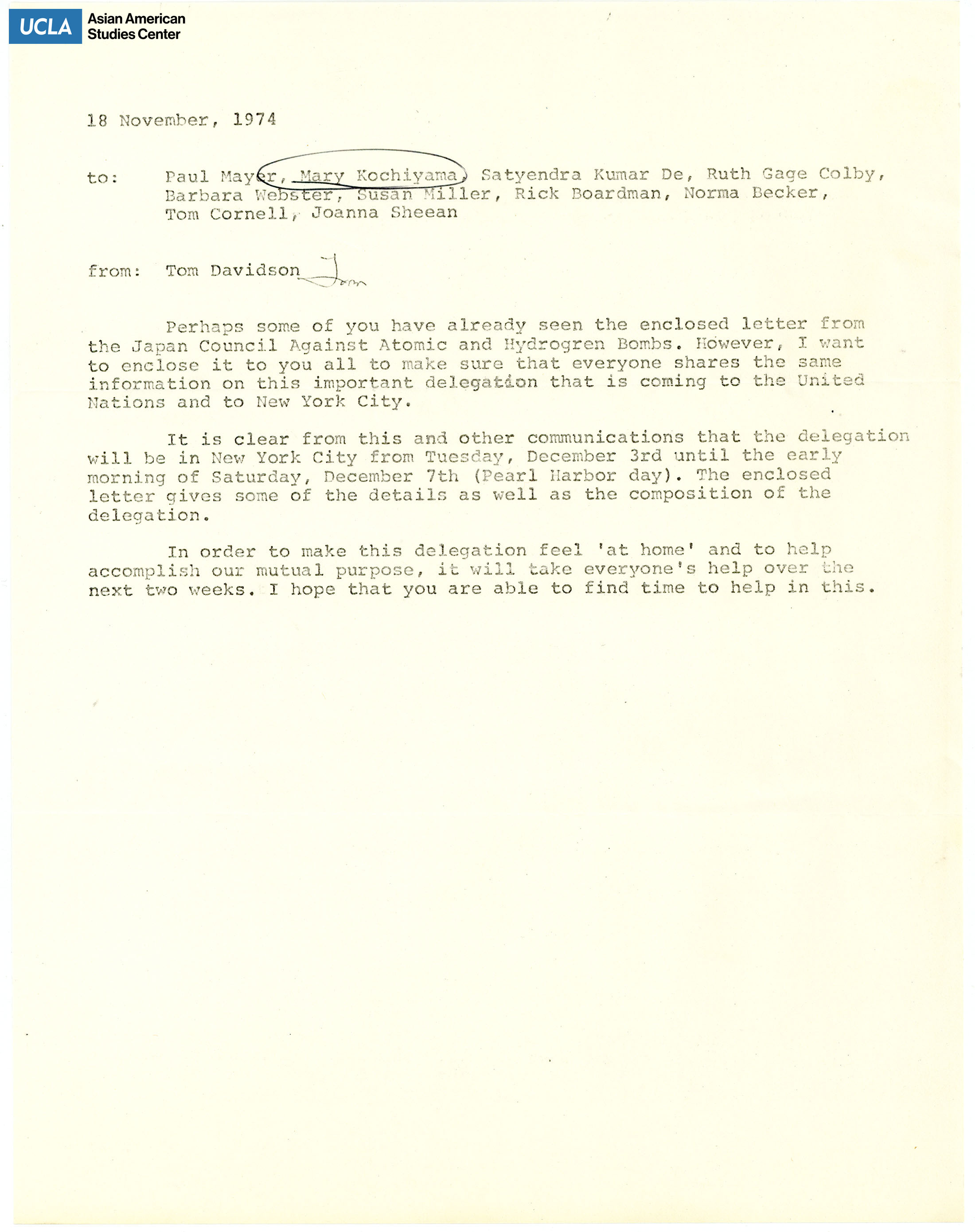 Letter addressed to Yuri Kochyama on the visit of Japan Council Agains Atomic and Hydrogen Bombs ot the United Nations and New York.