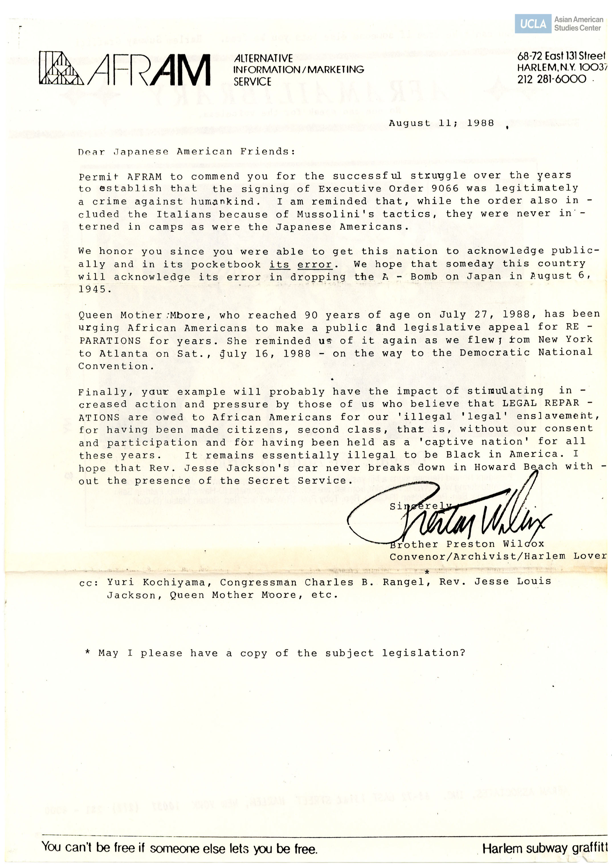 Letter addressed to Japanese Americans on the success of redress and reparations of Executive Order 9066. Brother Preson Wilcox writes of the reparations for African Americans. Includes newspaper clipping of former President Ronald Reagan shaking Senator Spark Matsunaga.