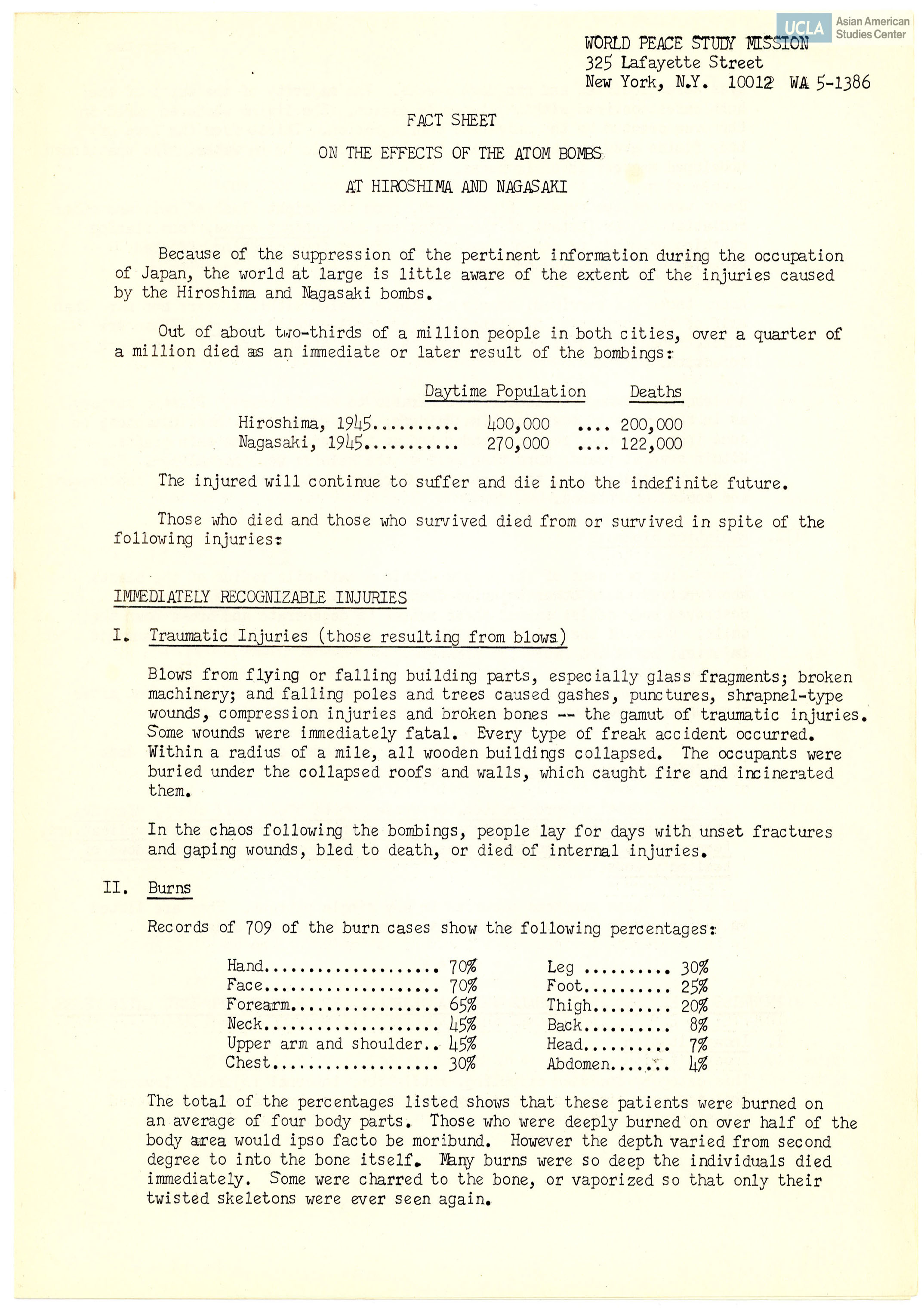 Fact sheet of the extent of injuries caused of the Hiroshima and Nagasaki bombs.