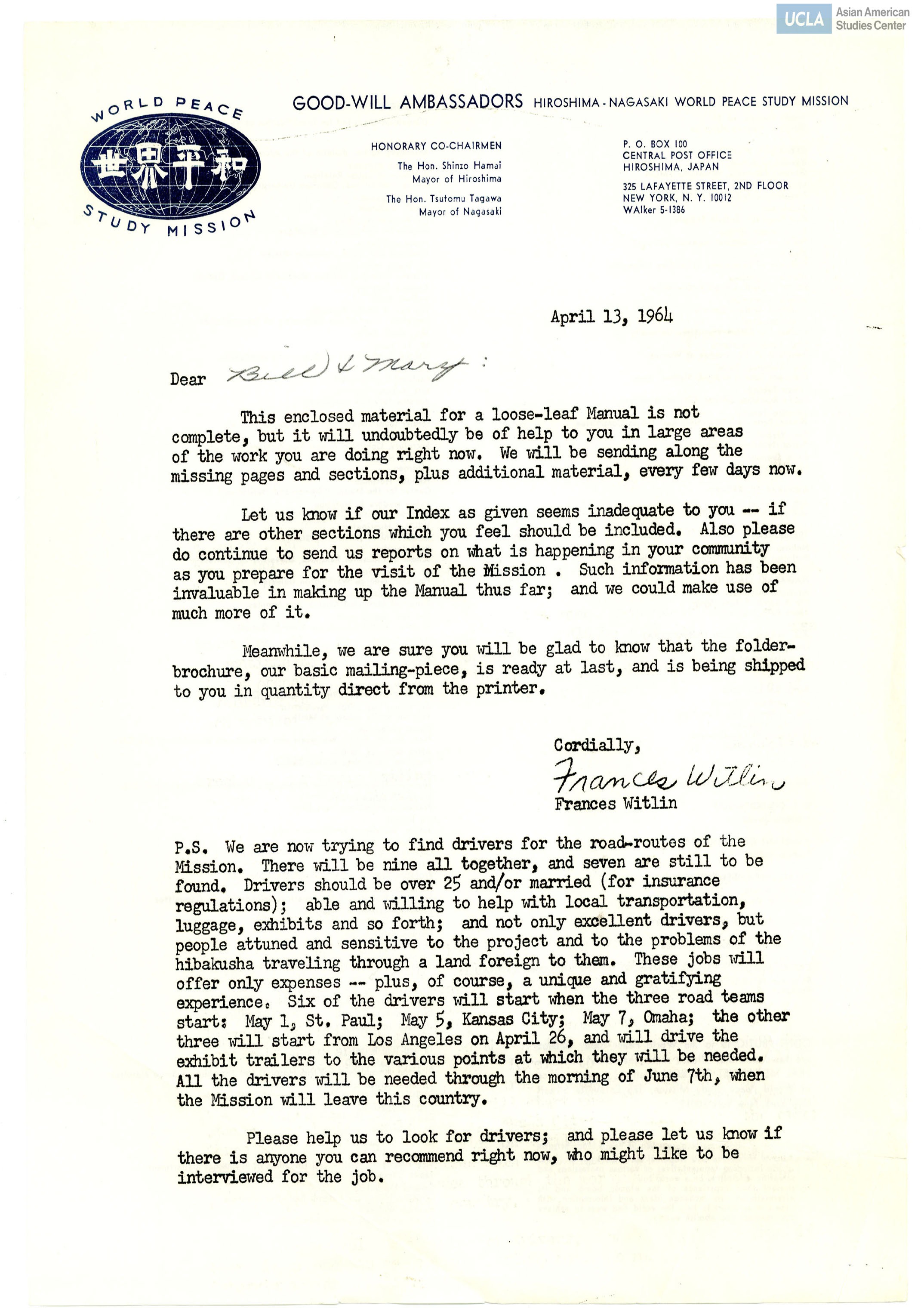 Letter addressed to Bill and Yuri Kochiyama on the tour of the Good Will Ambassadors in the United States.