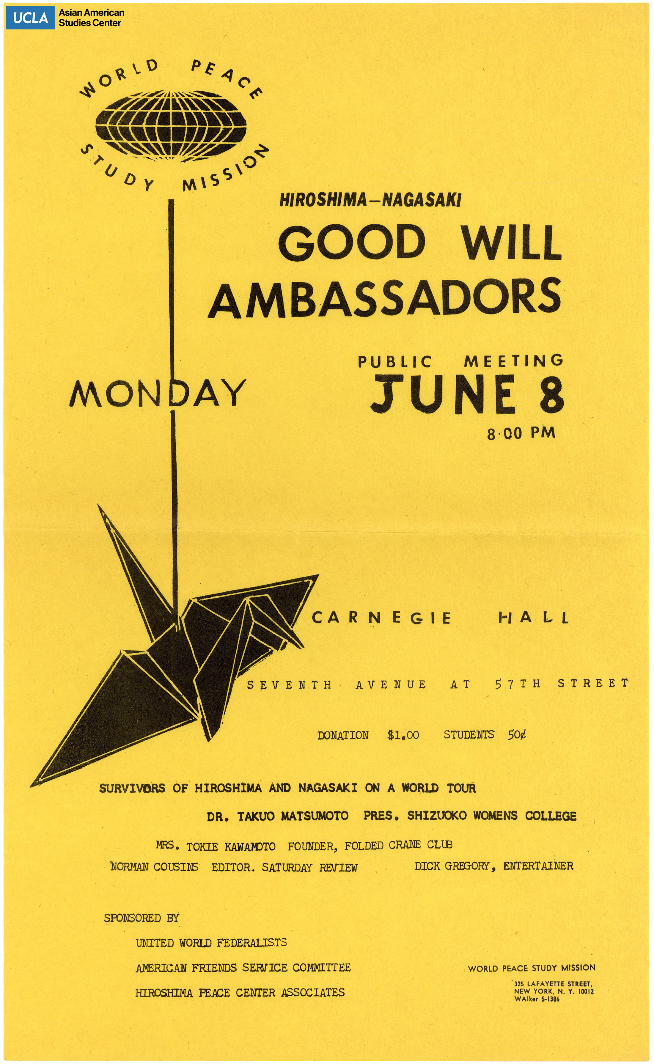 Flyer regarding a public meeting held at Carnegie Hall for the Hiroshima-Nagasaki Good Will Ambassadors.