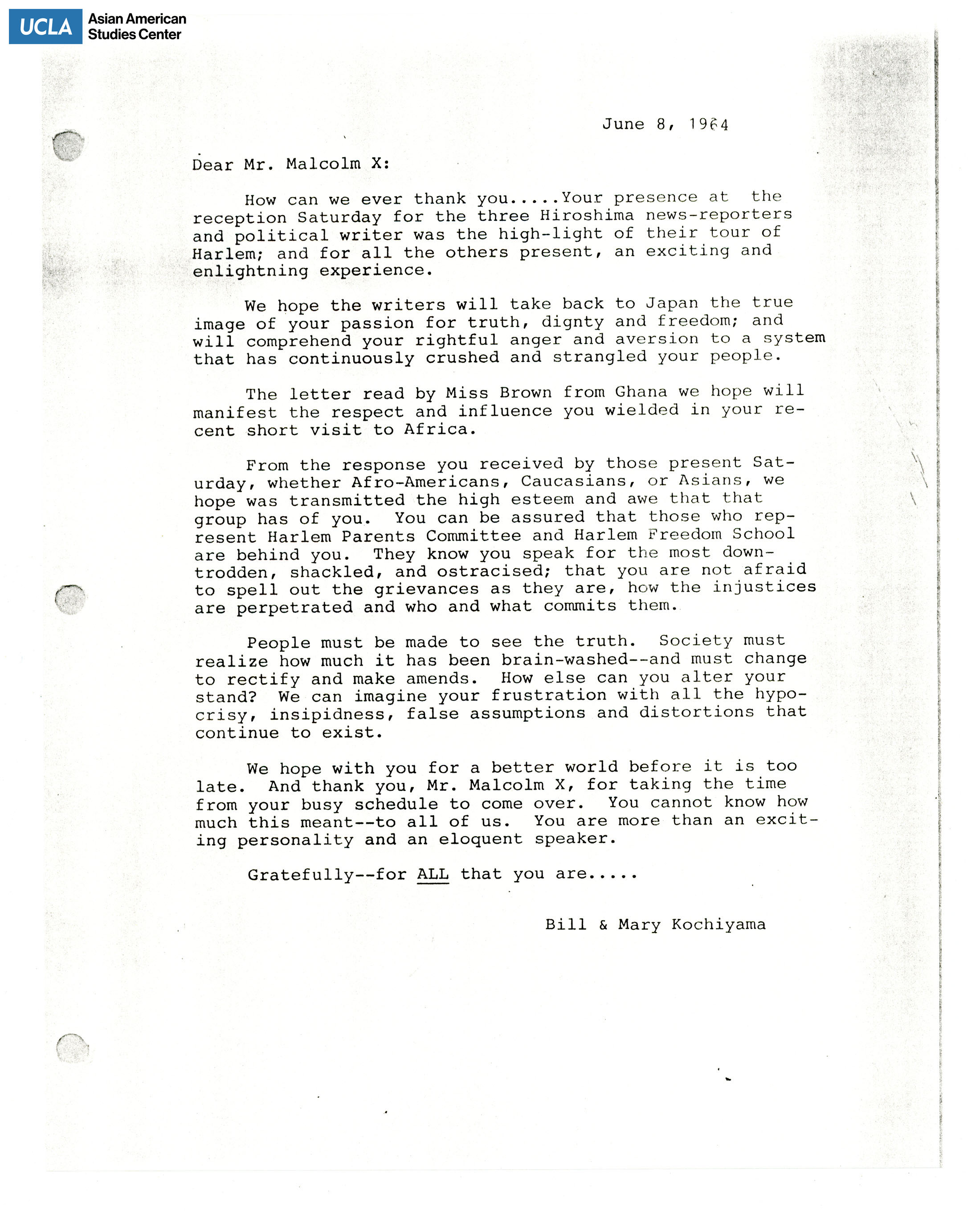 Letter of thanks addressed to Malcom X on his presence at the Hiroshima-Nagasaki World Peace Study Mission reception.