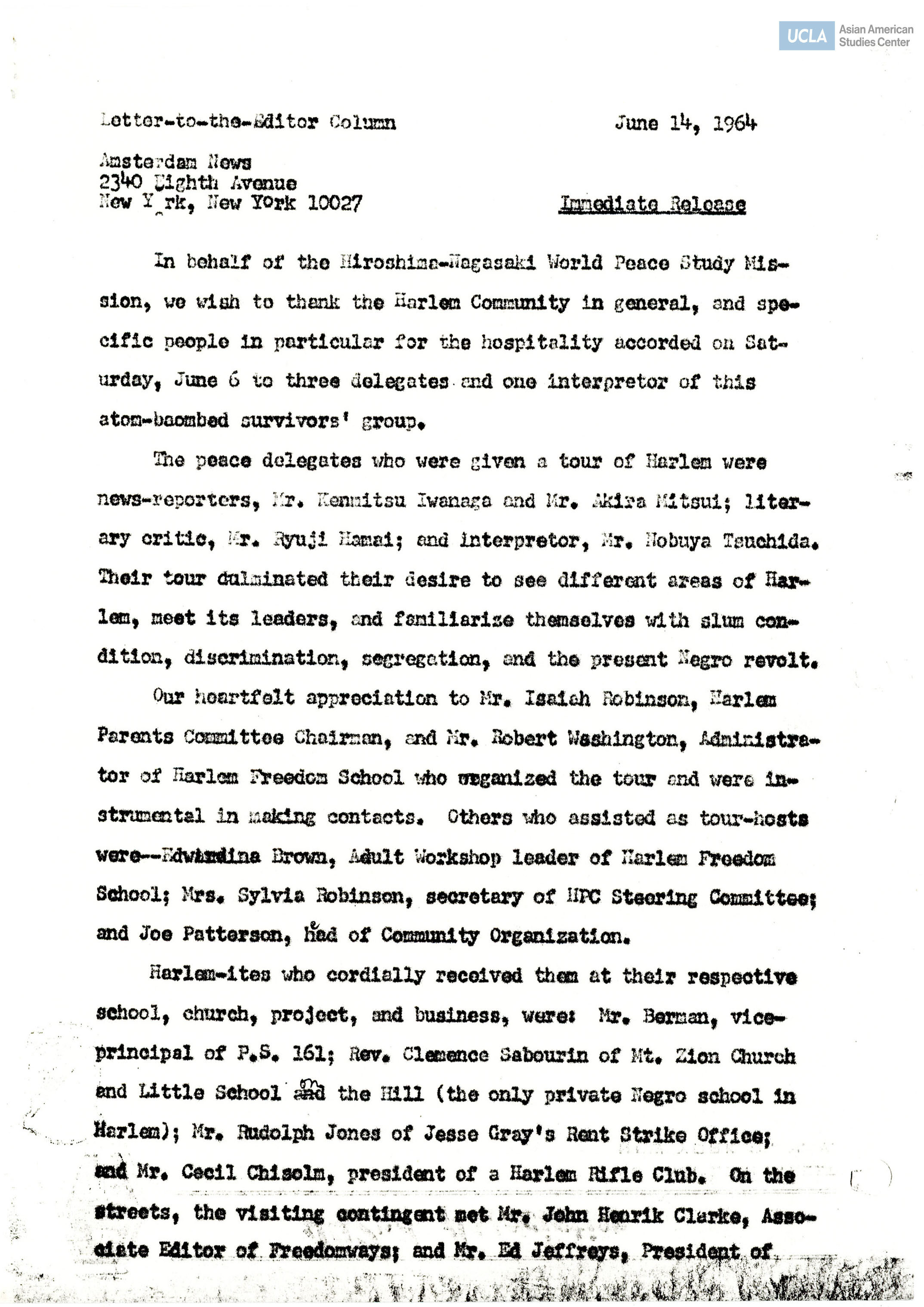 Letter addressed to the editor on Amsterdam News for immediate release from Bill and Yuri Kochiyama.