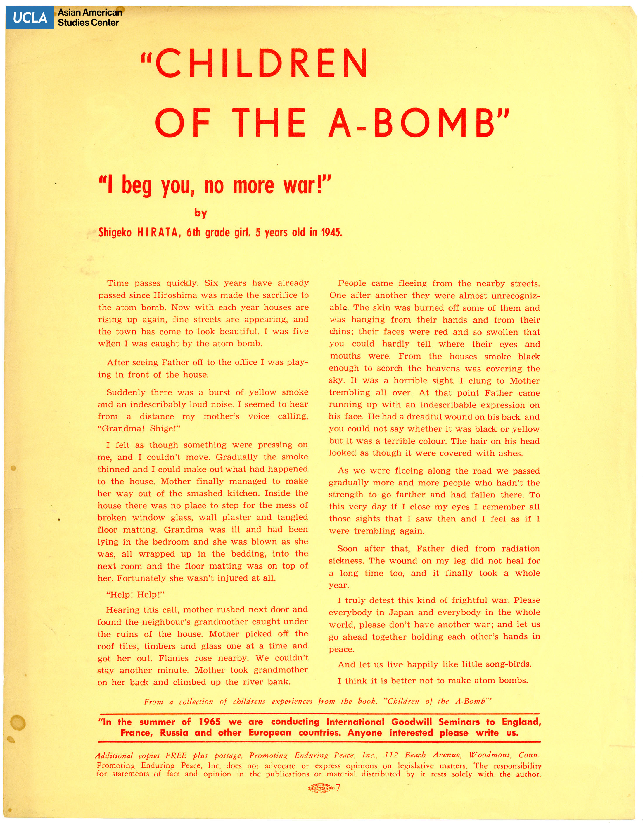 Flyer addressing children affected by the Hiroshima and Nagasaki bombs.
