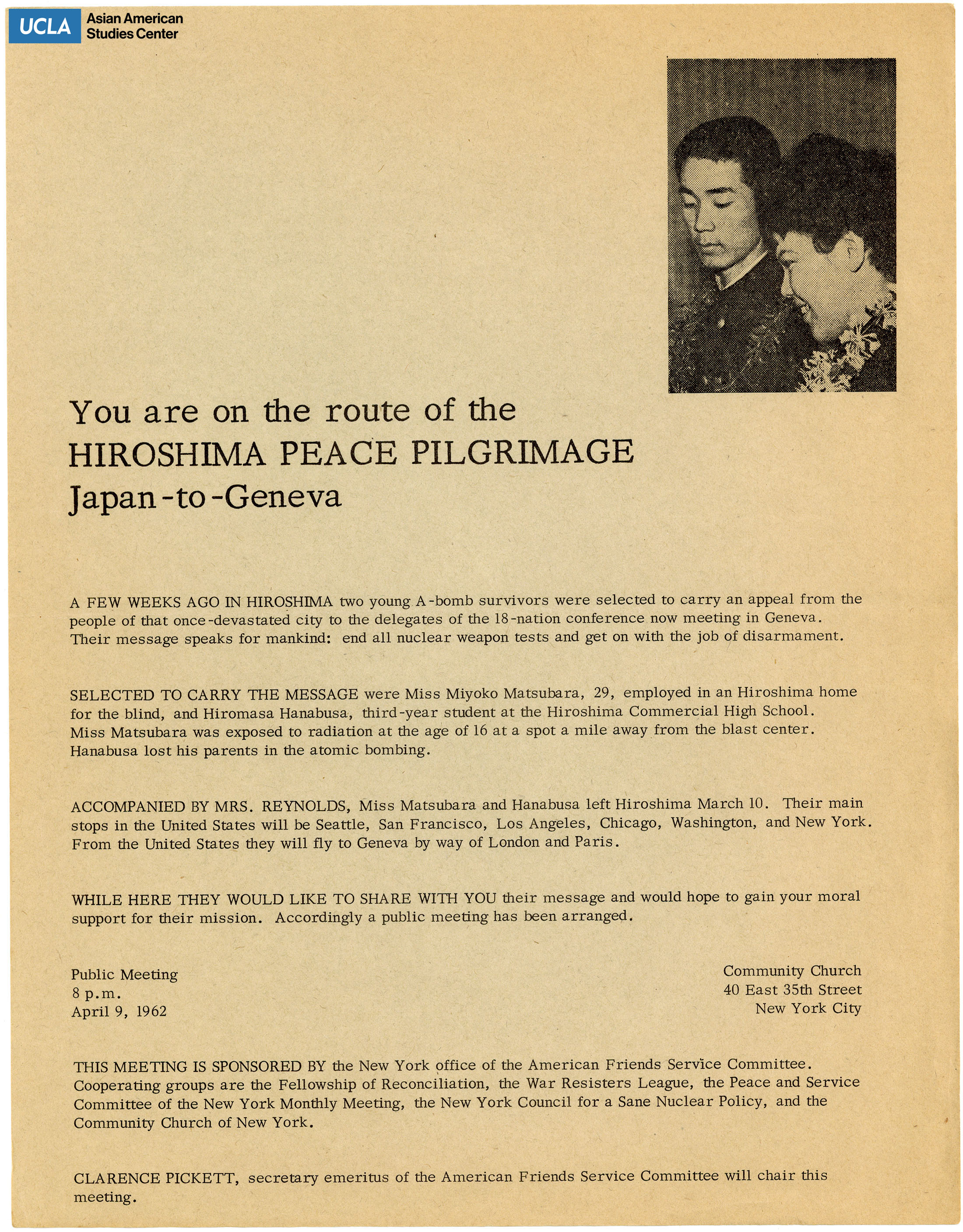 Flyer addressing the Hiroshima Peace Pilgrimage from Japan to Geneva. A public meeting held at the community church on the suvivors of the Hiroshima and Nagasaki bombs.