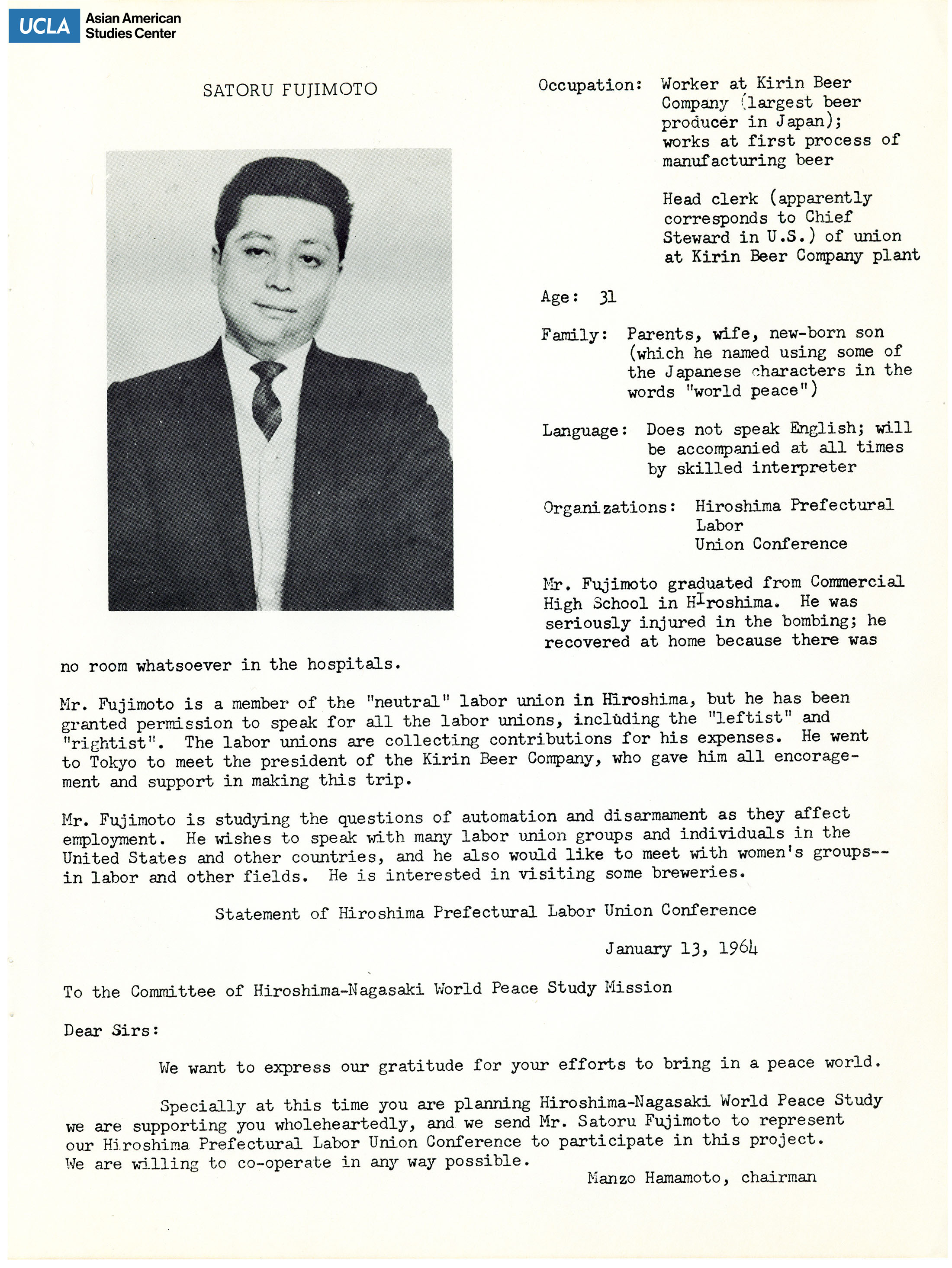 The hibakusha delegates' biopgrahy. Includes picture of delegates and short biography. Includes statement of Hiroshima Prefectural Labor Union Conference, January 13, 1964.