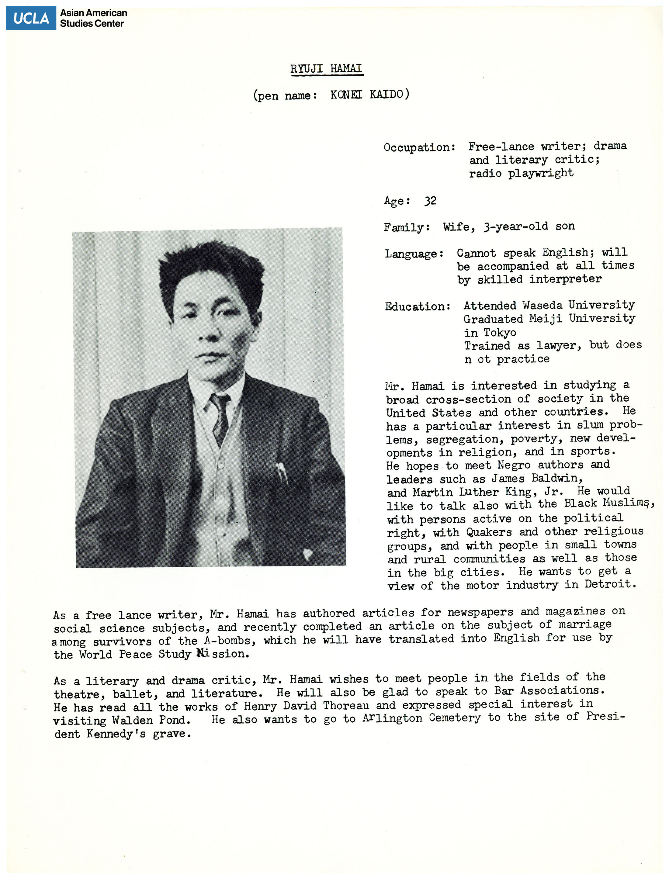 The hibakusha delegates' biopgrahy of Ryuji Hamai. Includes picture of delegates and short biography.