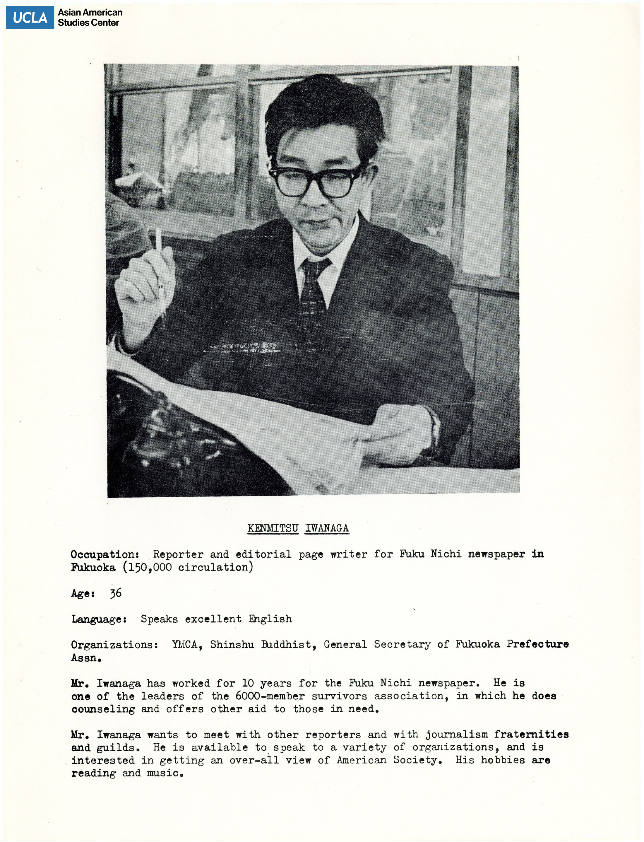 The hibakusha delegates' biopgrahy of Kenmitsu Iwanaga. Includes picture of delegates and short biography.