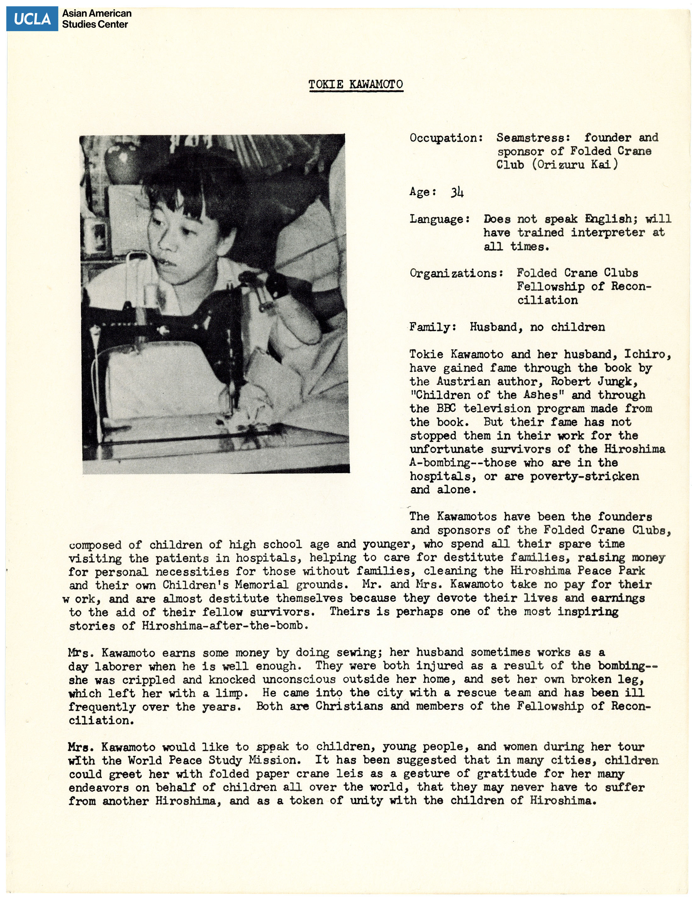 The hibakusha delegates' biopgrahy of Tokie Kawamoto. Includes picture of delegates and short biography.