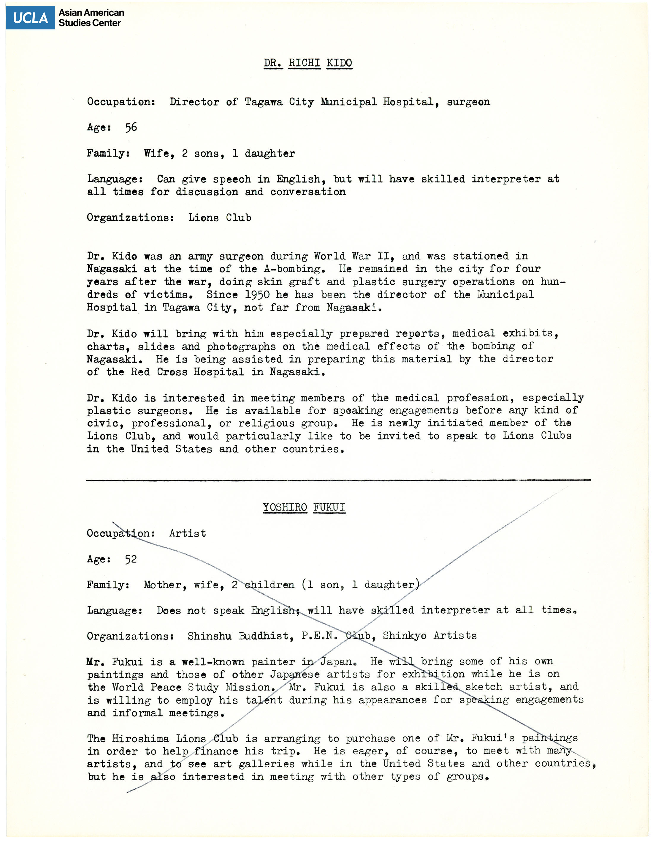 The hibakusha delegates' biopgrahies of Dr. Richi Kida and Yoshiro Fukui. Includes short biography.