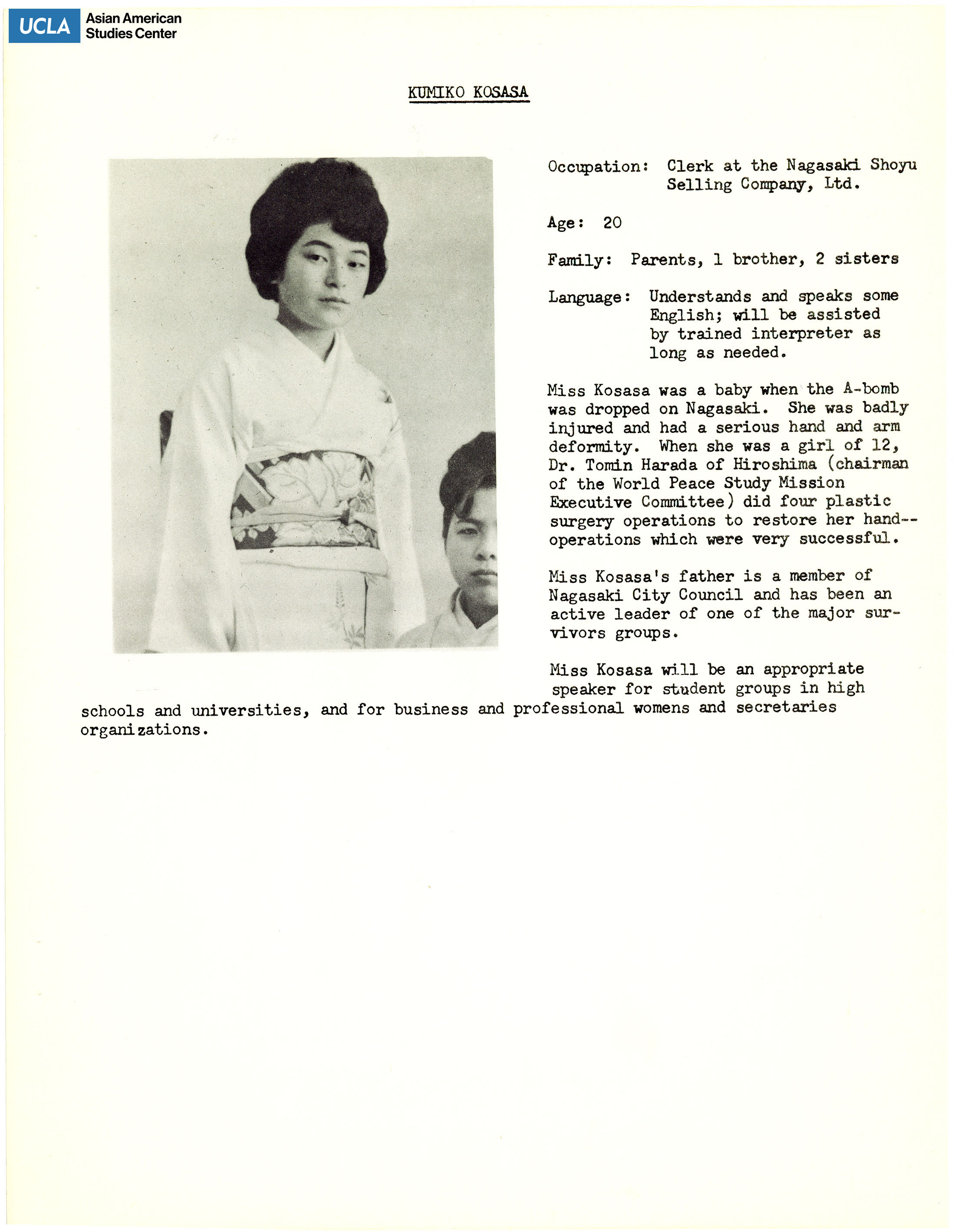 The hibakusha delegates' biopgrahies of Kumiko Kosasa. Includes picture of delegates and short biography.