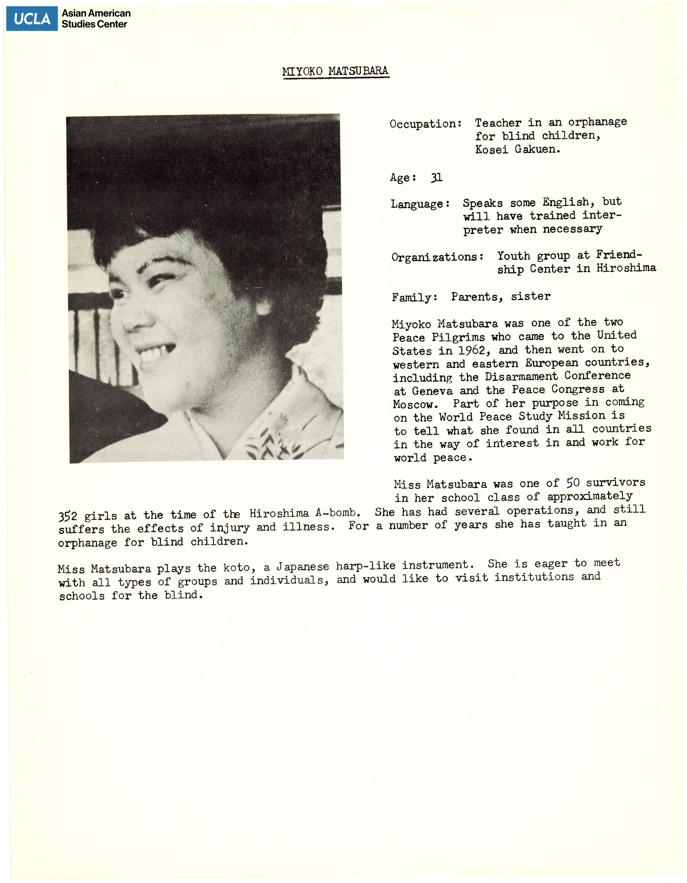 The hibakusha delegates' biopgrahies of Miyoko Matsubara. Includes picture of delegates and short biography.