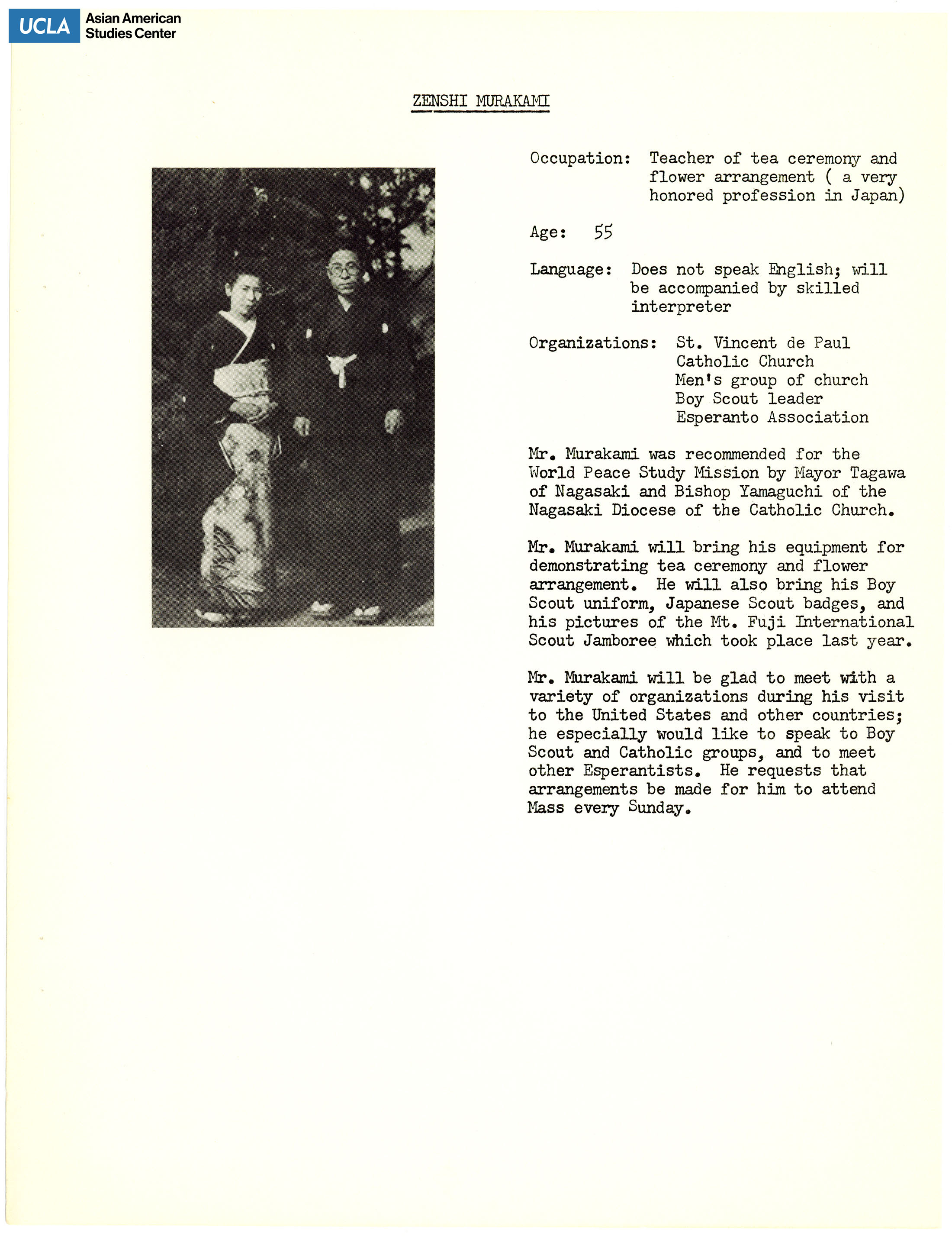 The hibakusha delegates' biopgrahies of Zenshi Murakami. Includes picture of delegates and short biography.