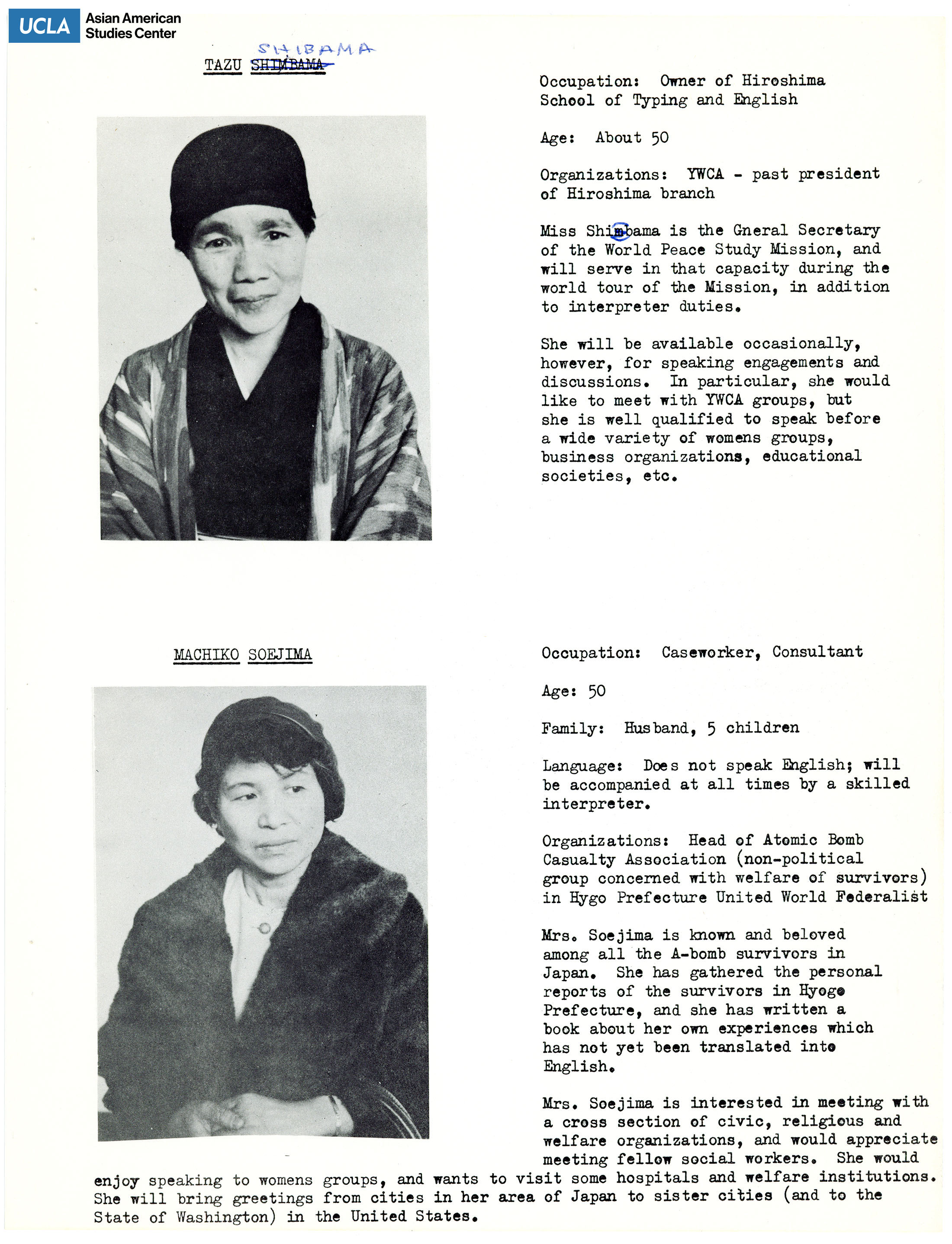 The hibakusha delegates' biopgrahies Tazu Shibama and Machiko Soejima. Includes picture of delegates and short biography.