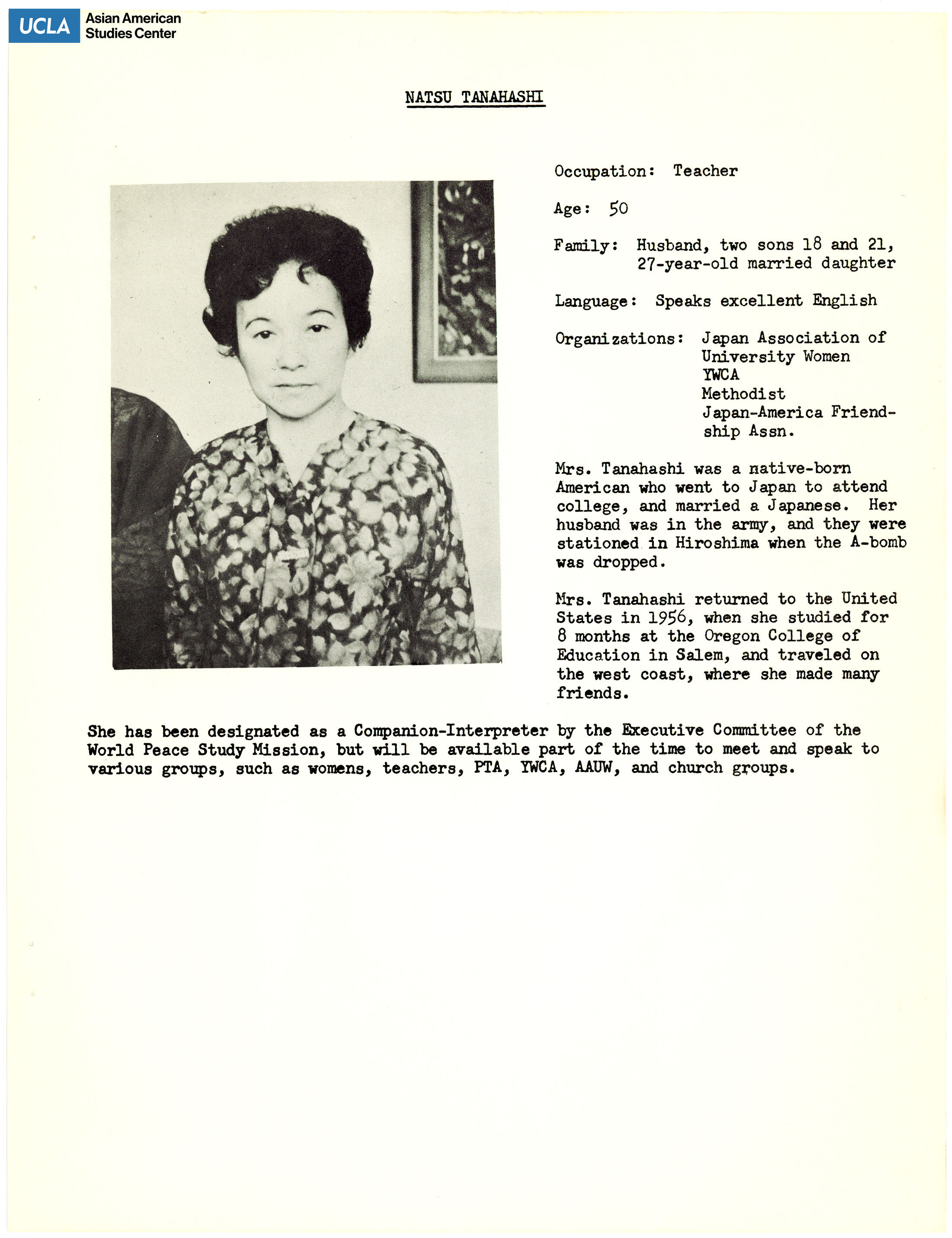 The hibakusha delegates' biopgrahies of Natsu Tanahashi. Includes picture of delegates and short biography.