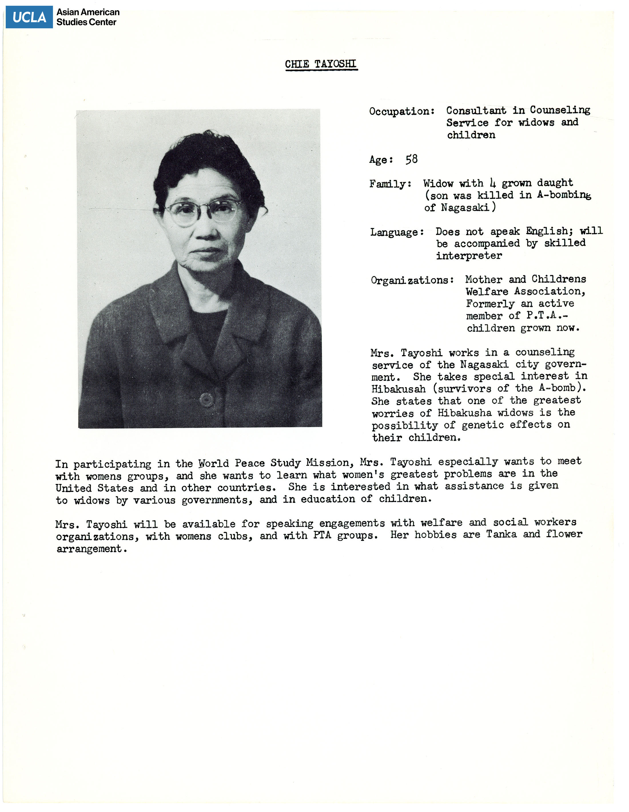 The hibakusha delegates' biopgrahies of Chie Tayoshi. Includes picture of delegate and short biography.
