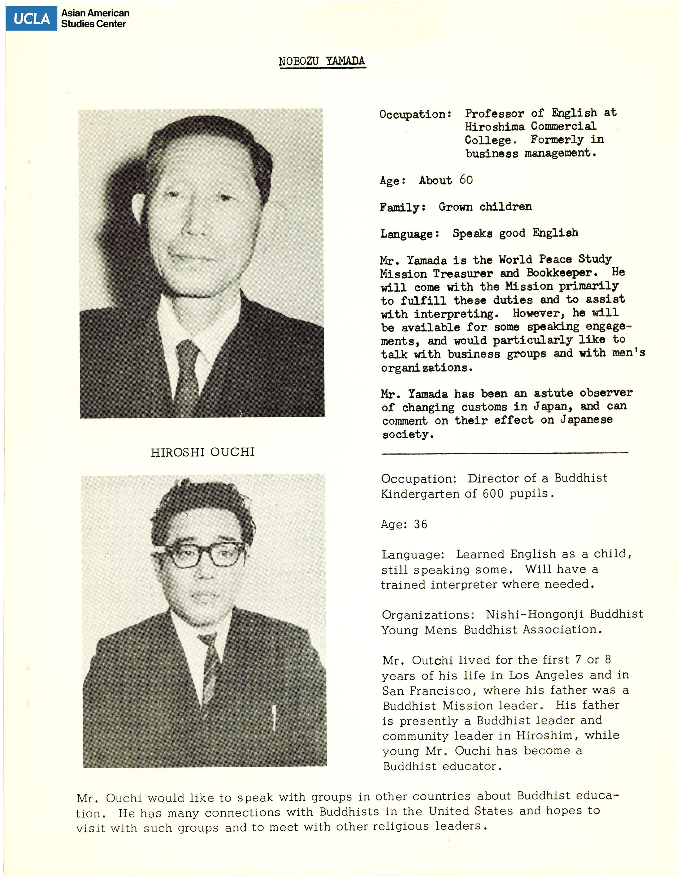 The hibakusha delegates' biopgrahies of Nobuzu Yamada and Hiroshi Ouchi. Includes picture of delegates and short biography.