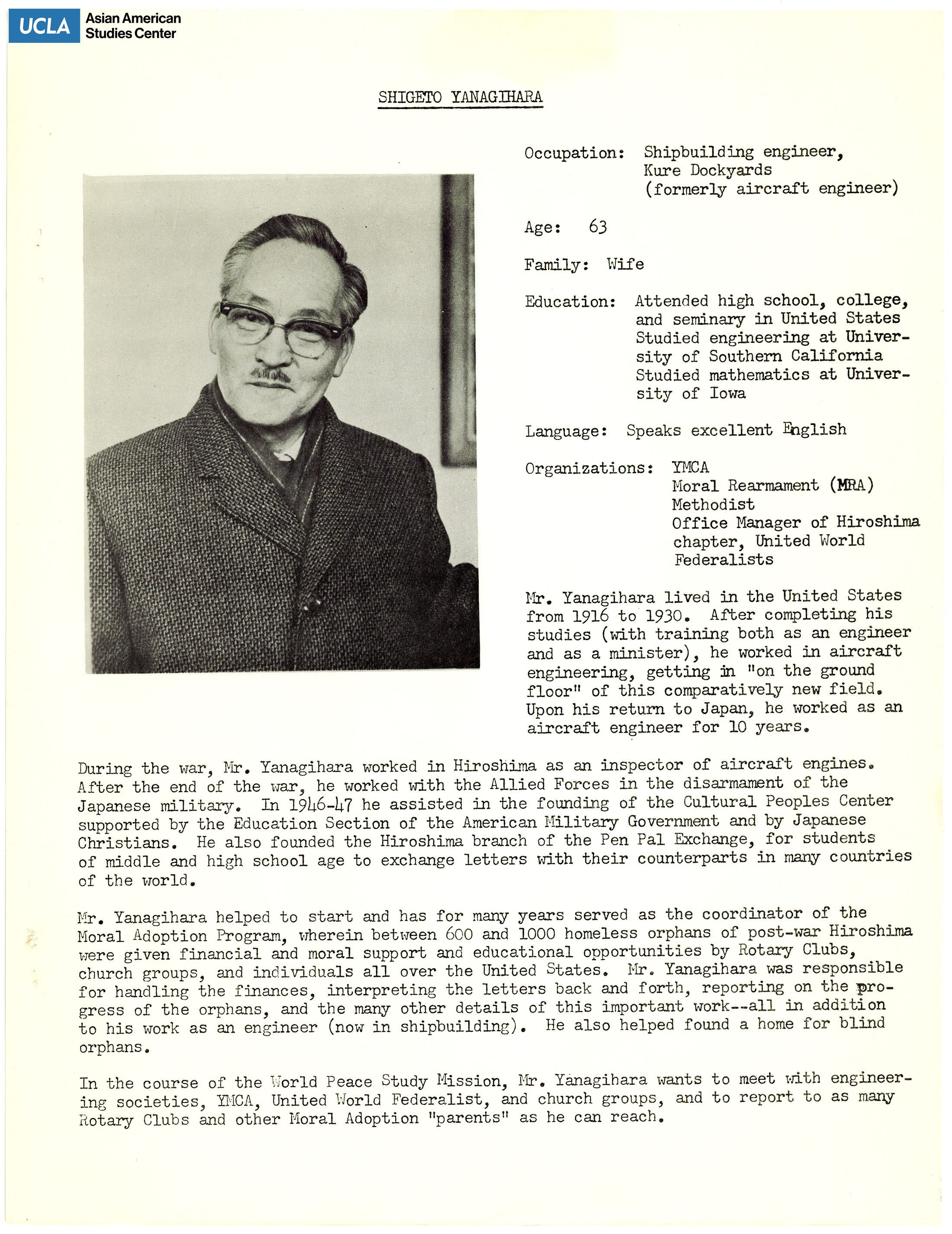 The hibakusha delegates' biopgrahies of Shigeto Yanagihara. Includes picture of delegate and short biography.