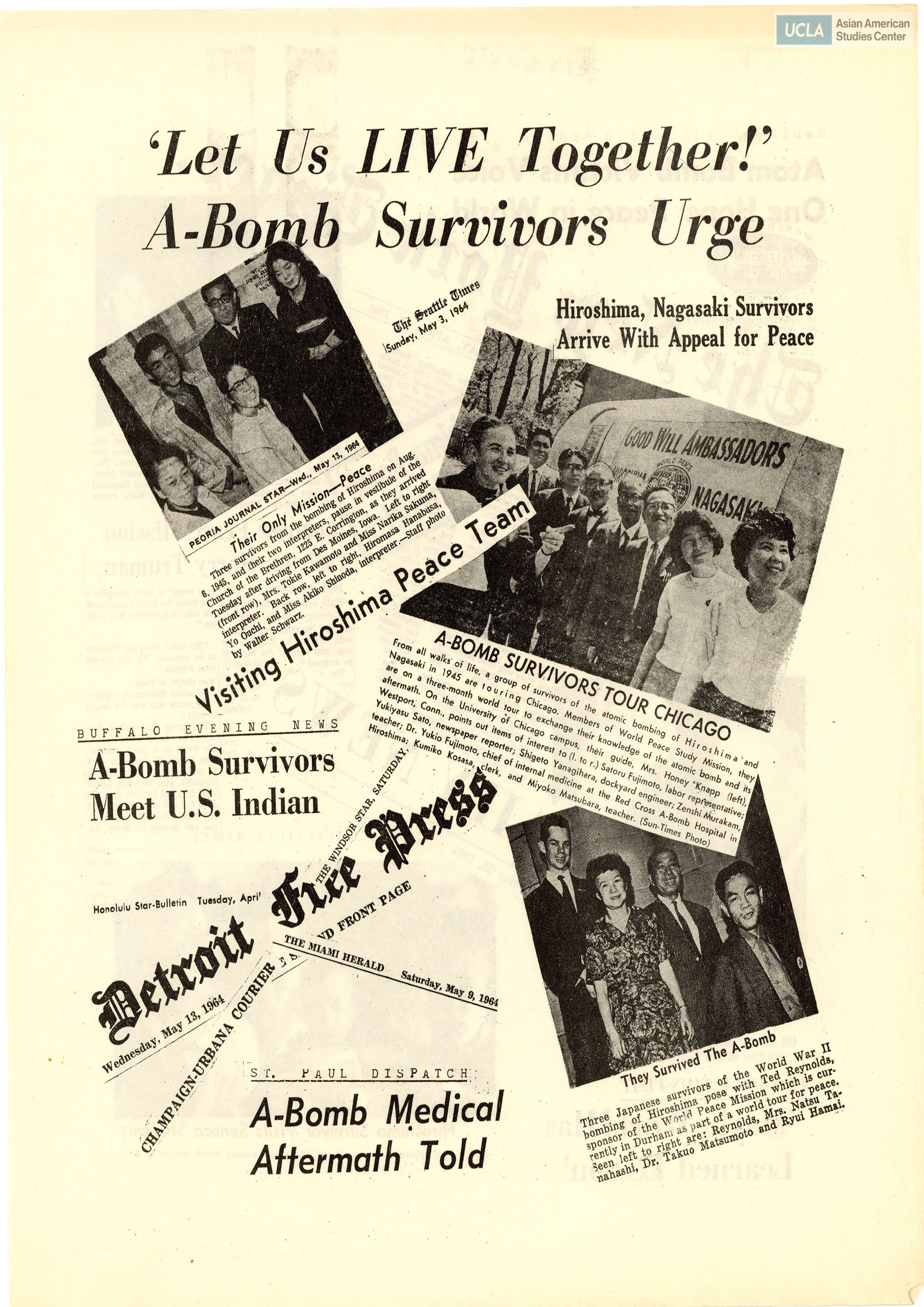 Various newspaper clippings of Hiroshima and Nagasaki atom bomb survivors.