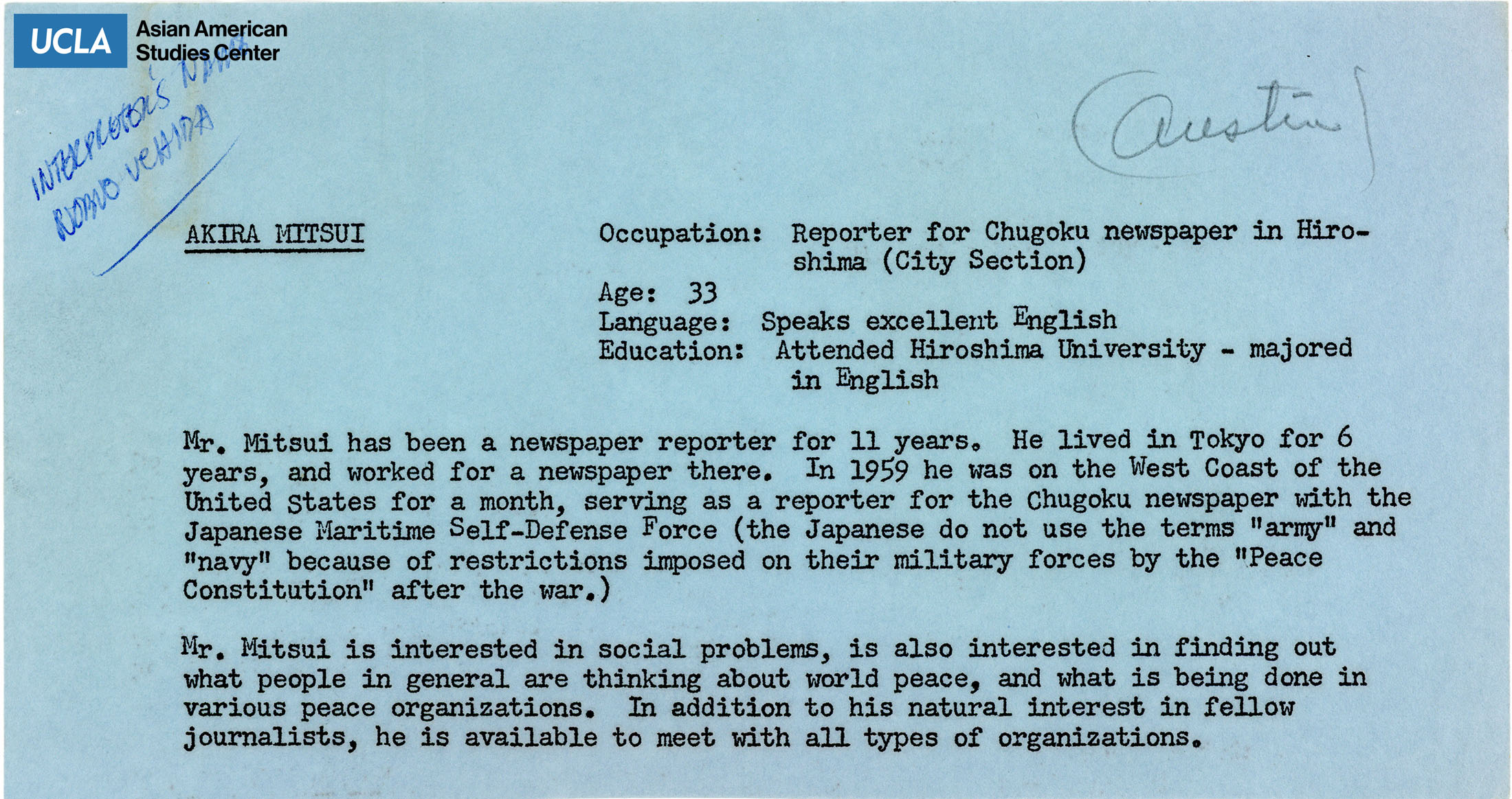Akira Mitsui biography includes occupation, age, language, education, and summary.