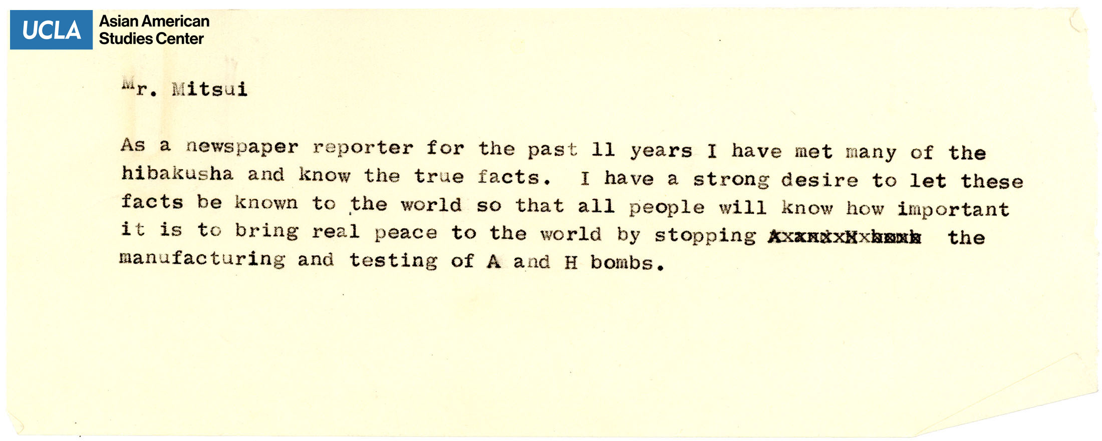 Letter addressing Akira Mitsui on hibakusha.