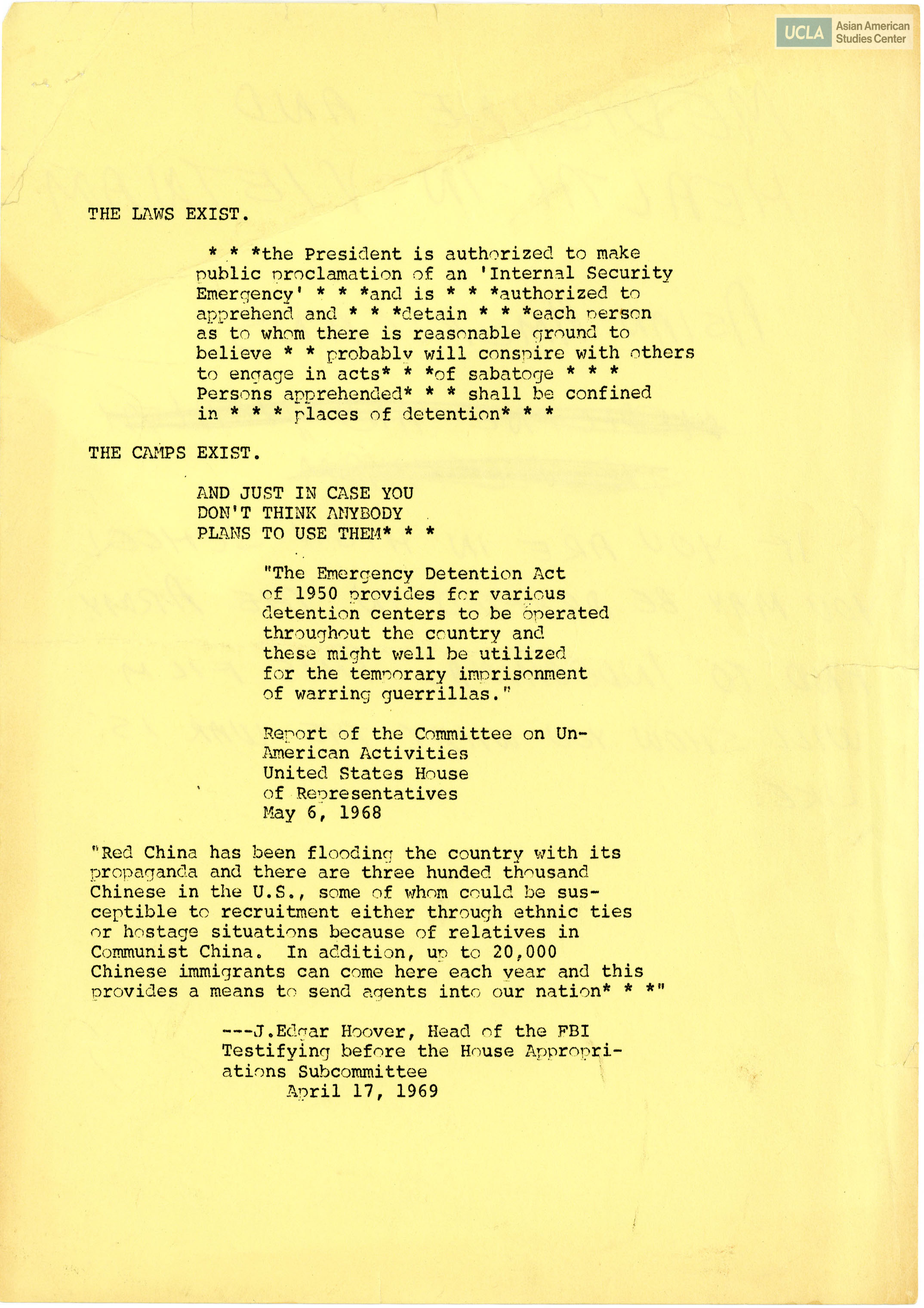 Testimony by J. Edgar Hoover, Head of the FBI, on the Committee on Un-American Activities United States House of Representatives.