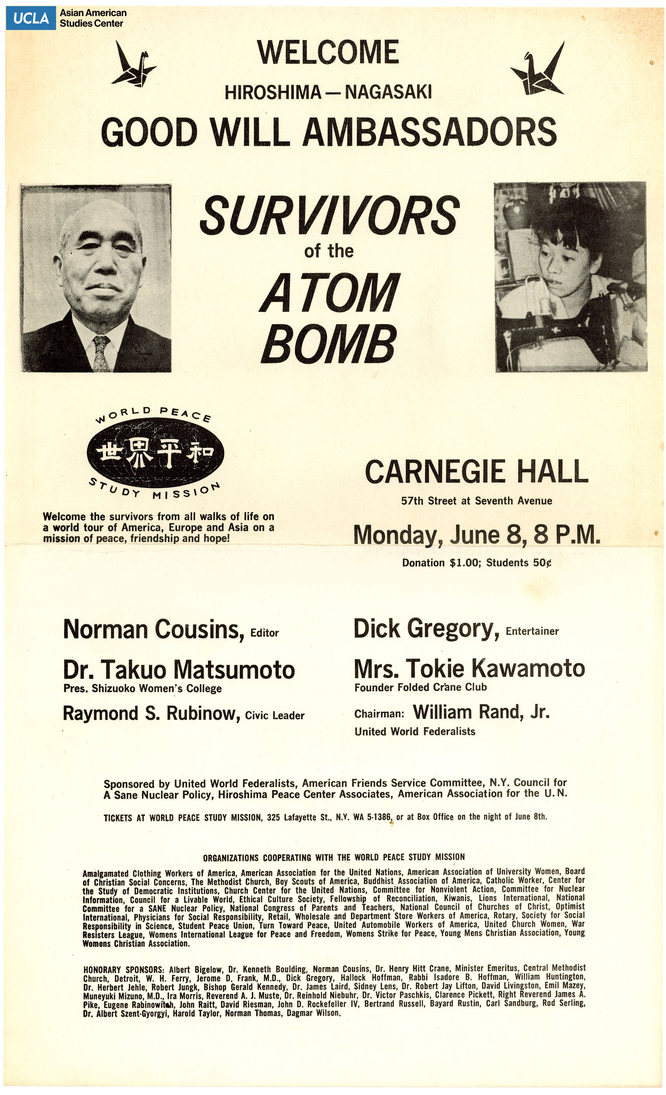 Flyer regarding Good Will Ambassadors event help at Carnegie Hall. Includes photographs of two hibakusha.