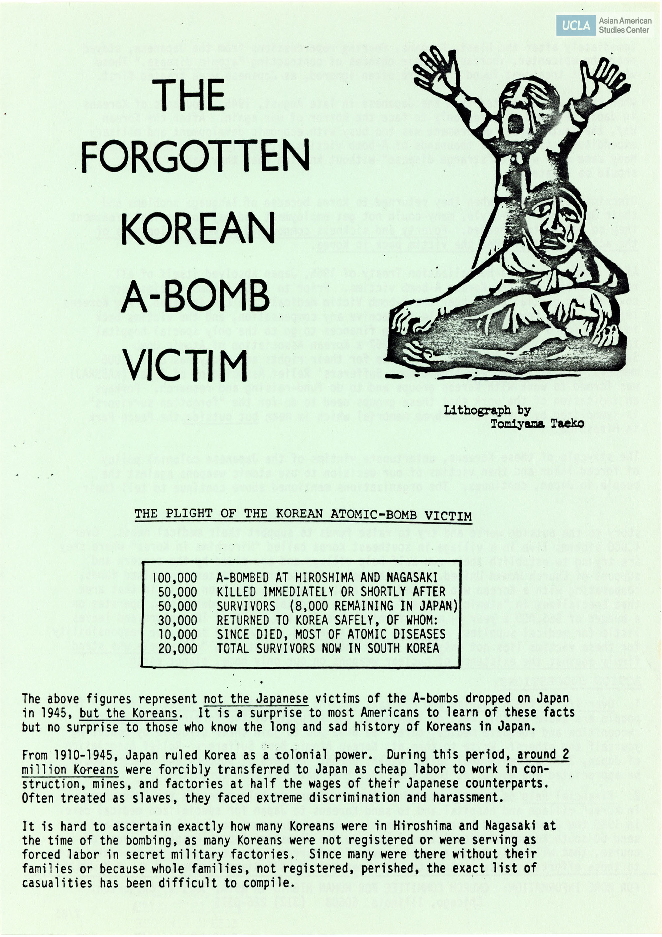 Flyer regarding a fact sheet of Korean victims of the Hiroshima-Nagasaki Atom bombs.