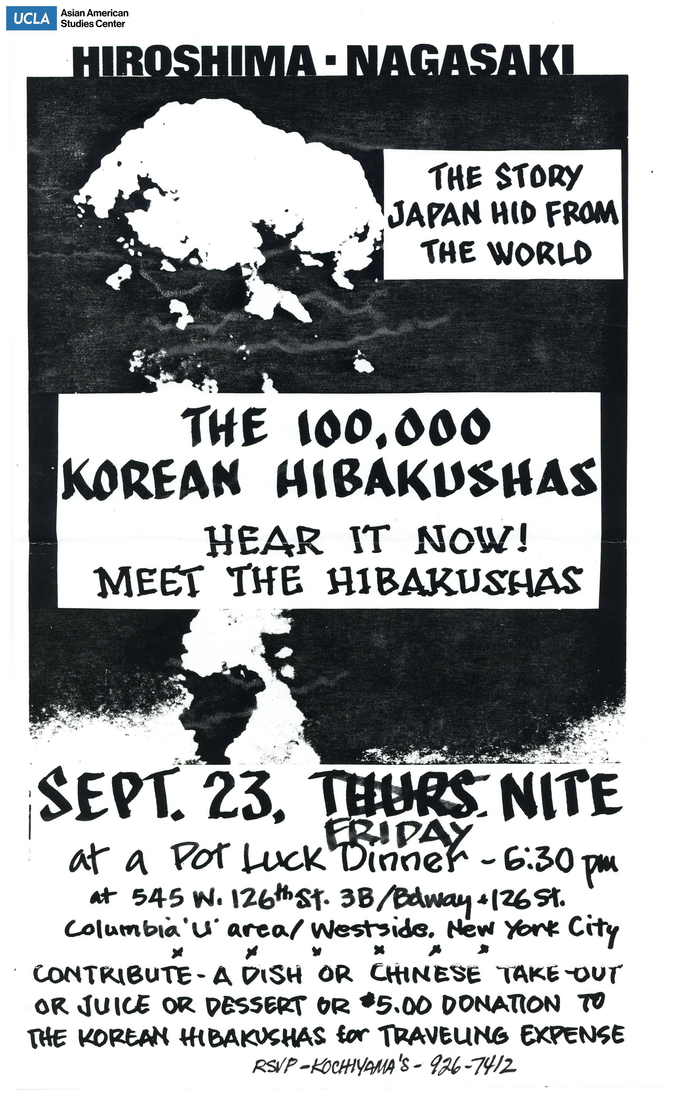 Flyer regarding a potluck dinner event on the Korean Hibakushas.