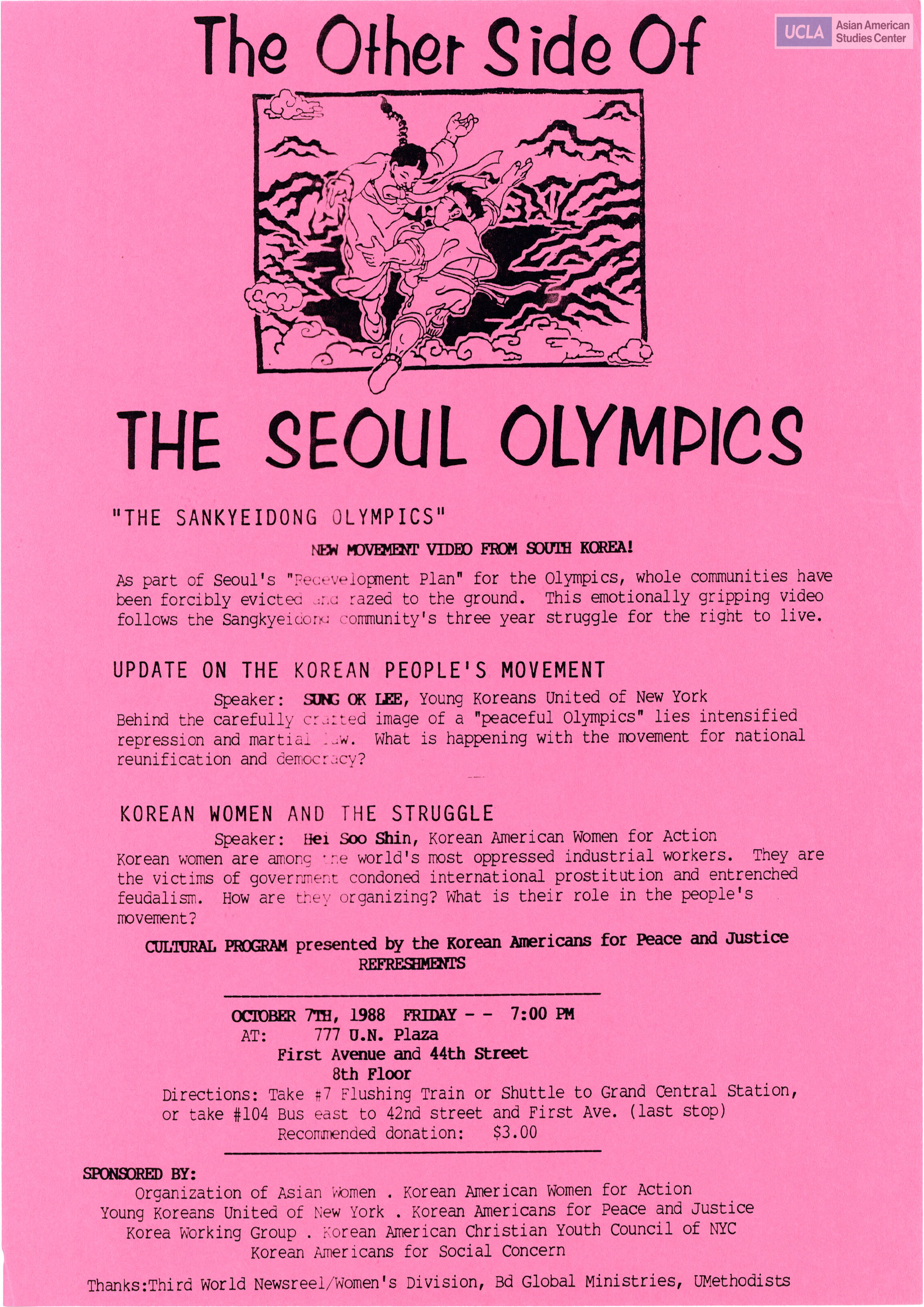 Flyer regarding a event on the 1988 Summer Seoul, South Korea Olympics. Includes Korean translation on backside of flyer.