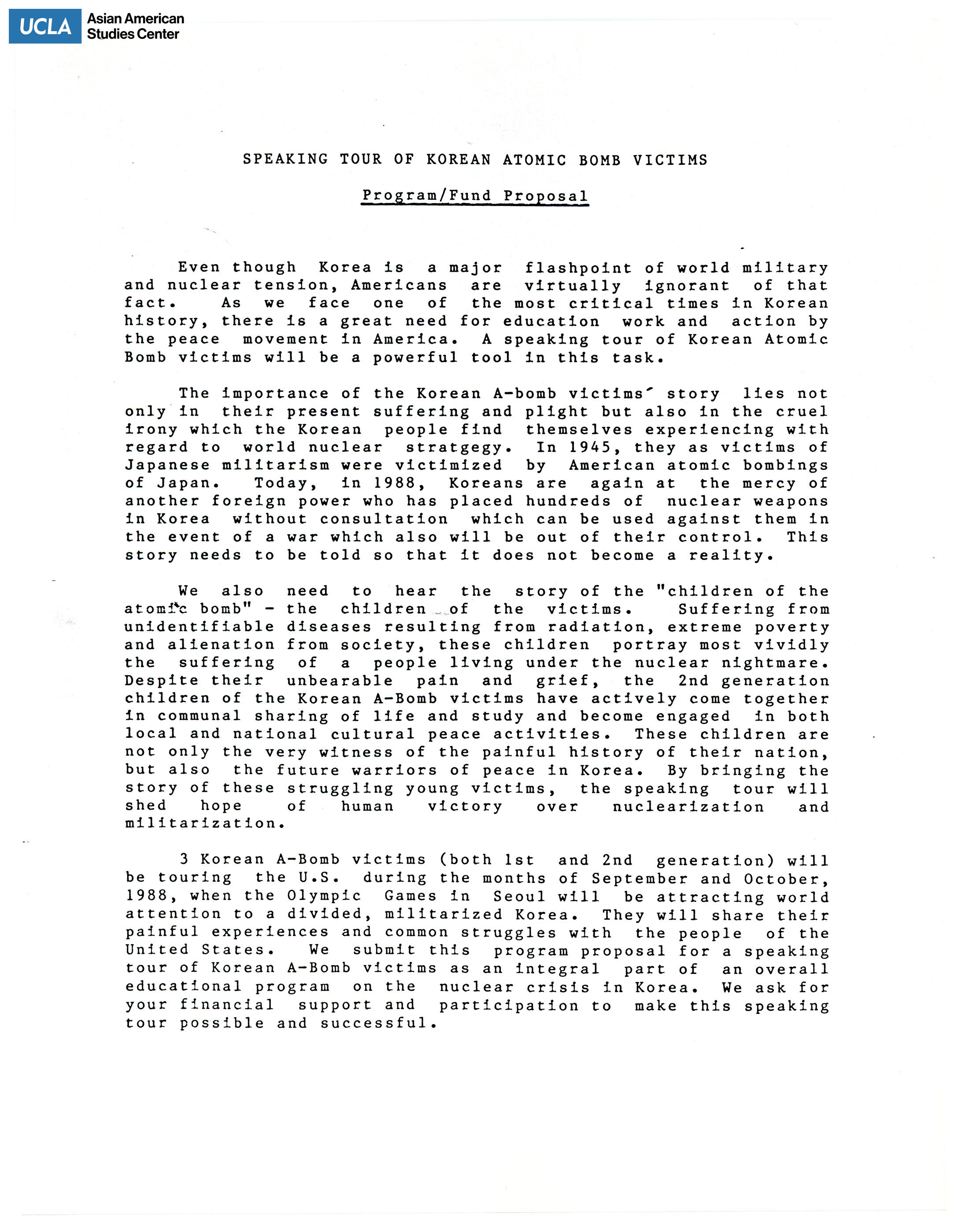 Proposal for funding on United States speaking tour of Korean hibakushas.